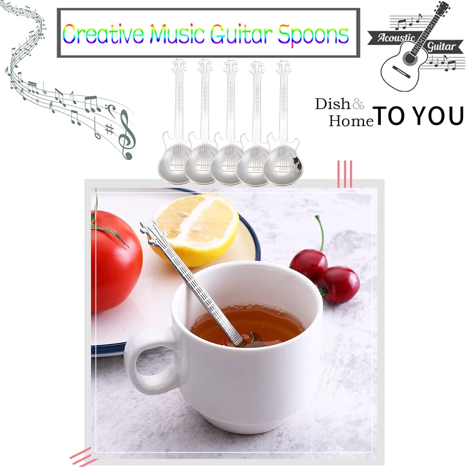 Guitar Spoons Coffee Teaspoon, ESRISE Musical Tea Spoons for Men, Stainless Steel Cute Teaspoon for Christmas Birthday (Silver)