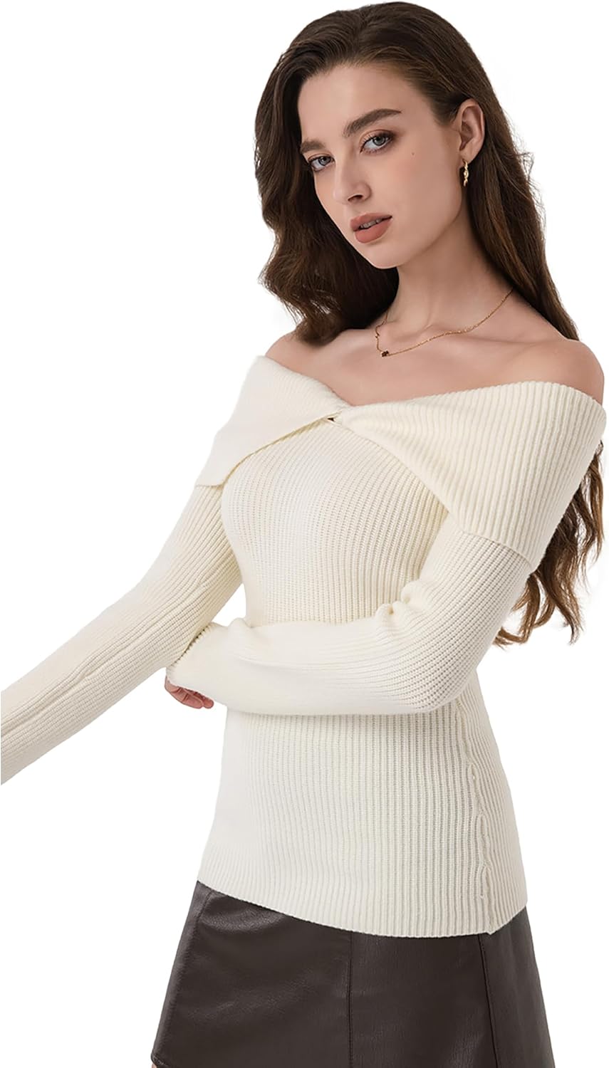 AmélieBoutik Women Off Shoulder Sweater Elegant Shawl Collar Long Sleeve Ribbed Knit Going Out Pullover Sweater - Image 4