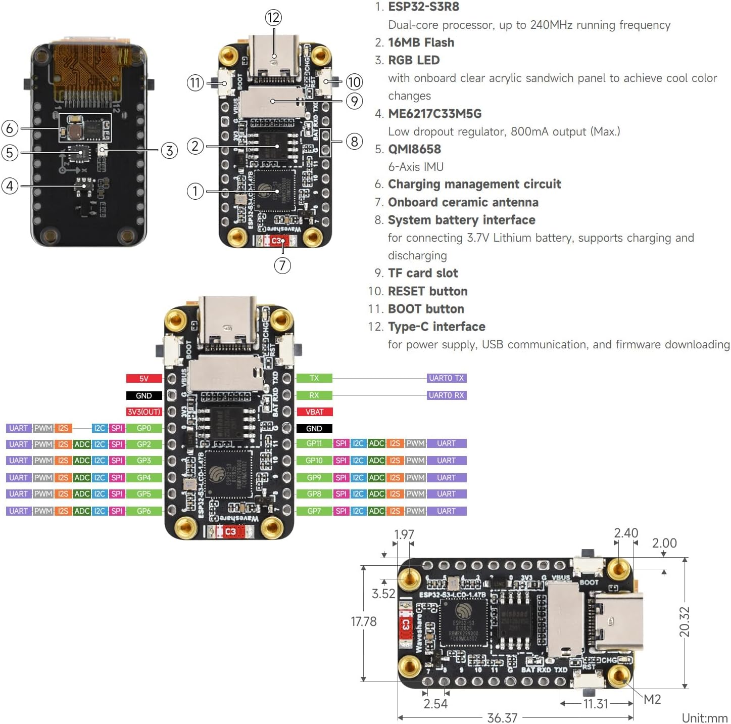 Waveshare ESP32-S3 1.47inch LCD Display Development Board, 172×320 Resolution, 262K Display Color, Supports 2.4GHz Wi-Fi/BLE 5, 240MHz LX7 Dual-core Processor, ESP32 with Display