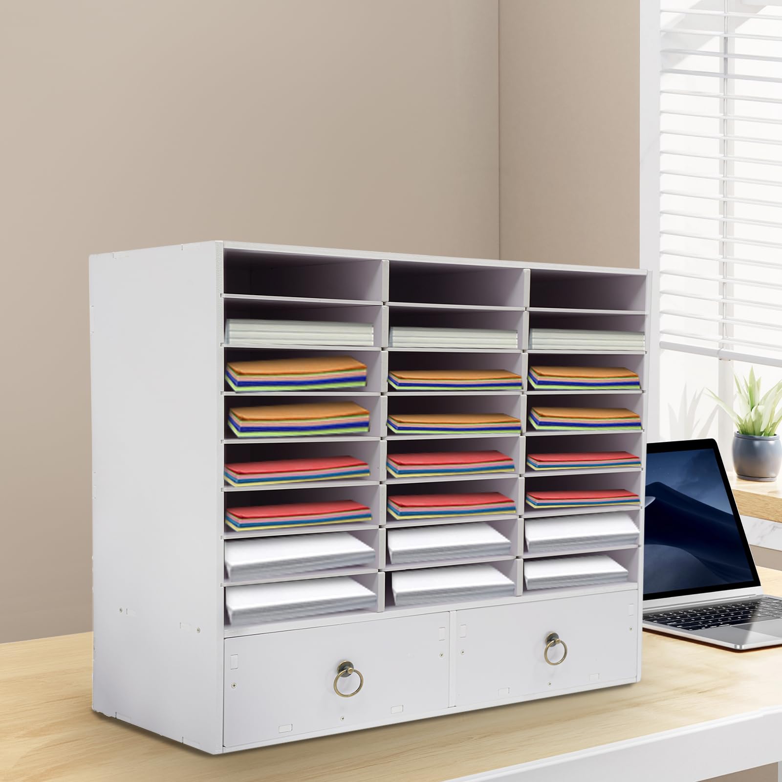 Organizzatore postale di carta, organizer da scrivania, porta documenti, 71,5 x 30 x 70 cm, con 24 scomparti e 2 cassetti, per ufficio (bianco)