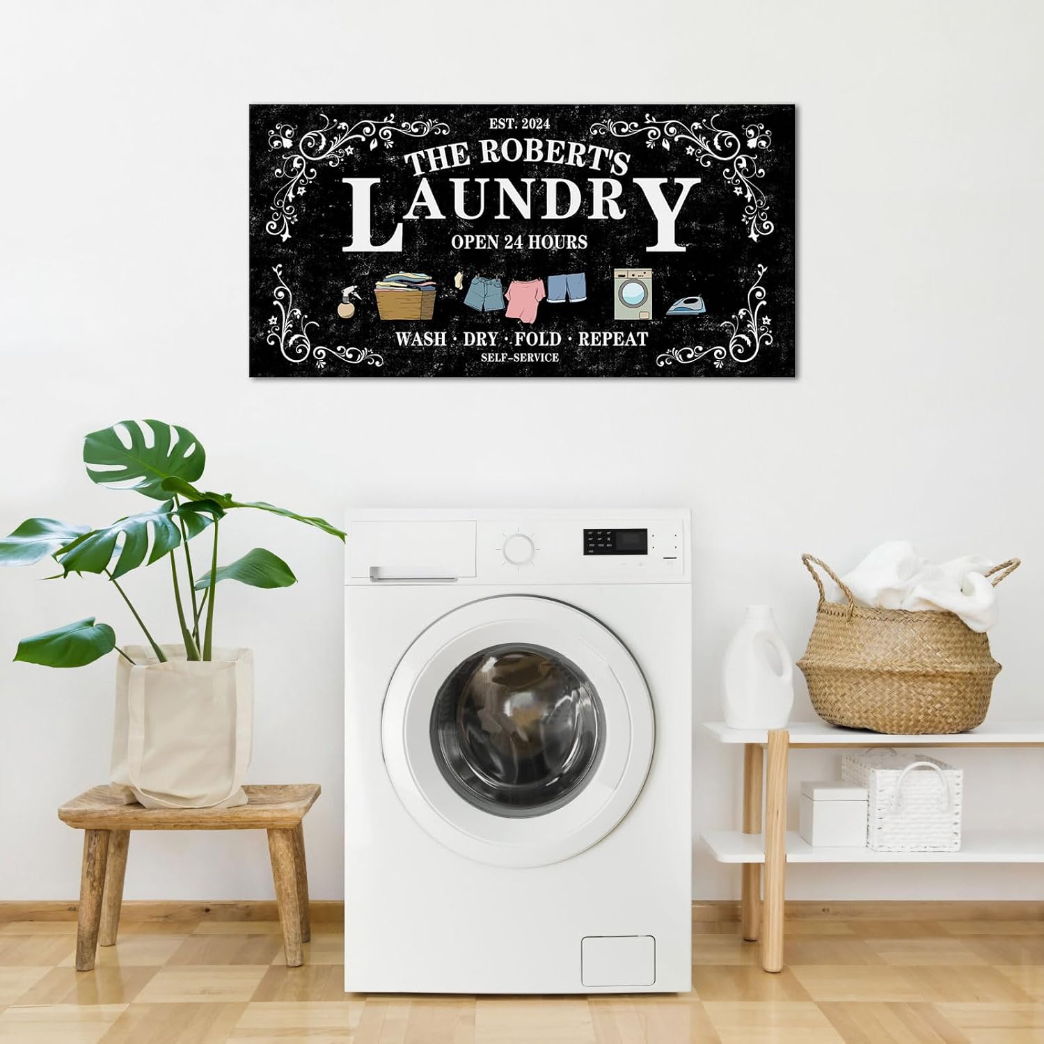 iLOOKLiKE Personalized Laundry Sign Wall Art Decor for Laundry Room Rustic Customize Family Name Canvas Prints Open 24 Hours Artwork Wash Dry Fold Repeat Signs Accessories for Farmhouse Decoration