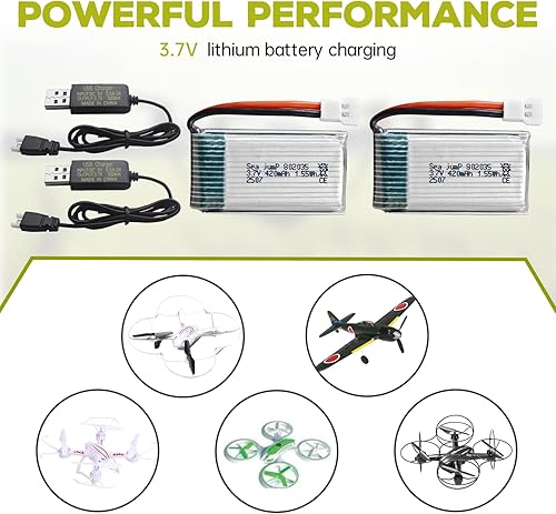 Miniatura 2 de sea jump 2 baterías Lipo de 3.7 V 420 mAh 25C con cable de carga USB, enchufe Molex compatible con la mayoría de drones RC Quadcopters, aviones no