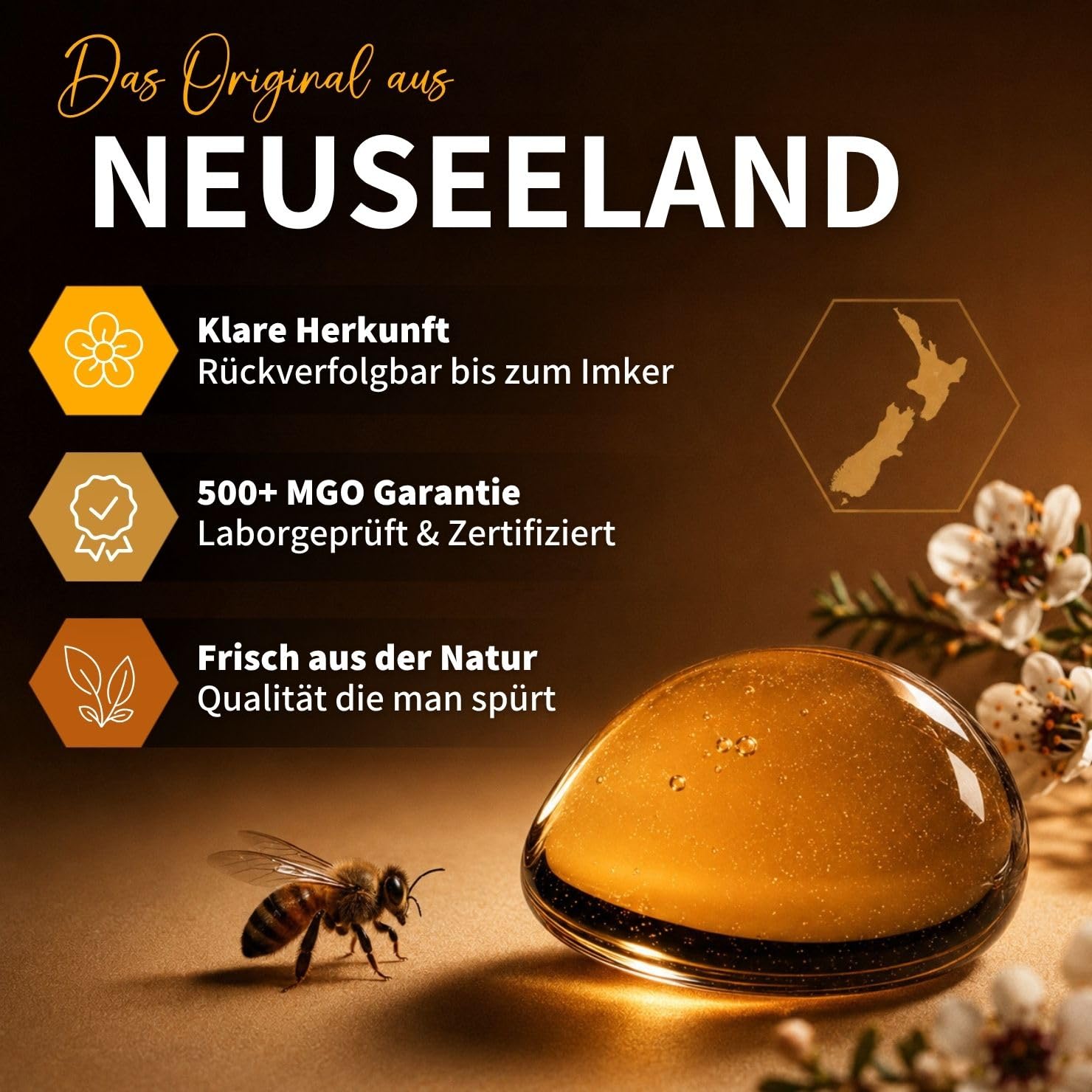 bedrop Manuka Honig mit MGO 500+ XXL Glas - 100% echter Premium Manukahonig aus Neuseeland mit zertifiziertem Methylglyoxal Gehalt (Analyse-Zertifikat) - 140g
