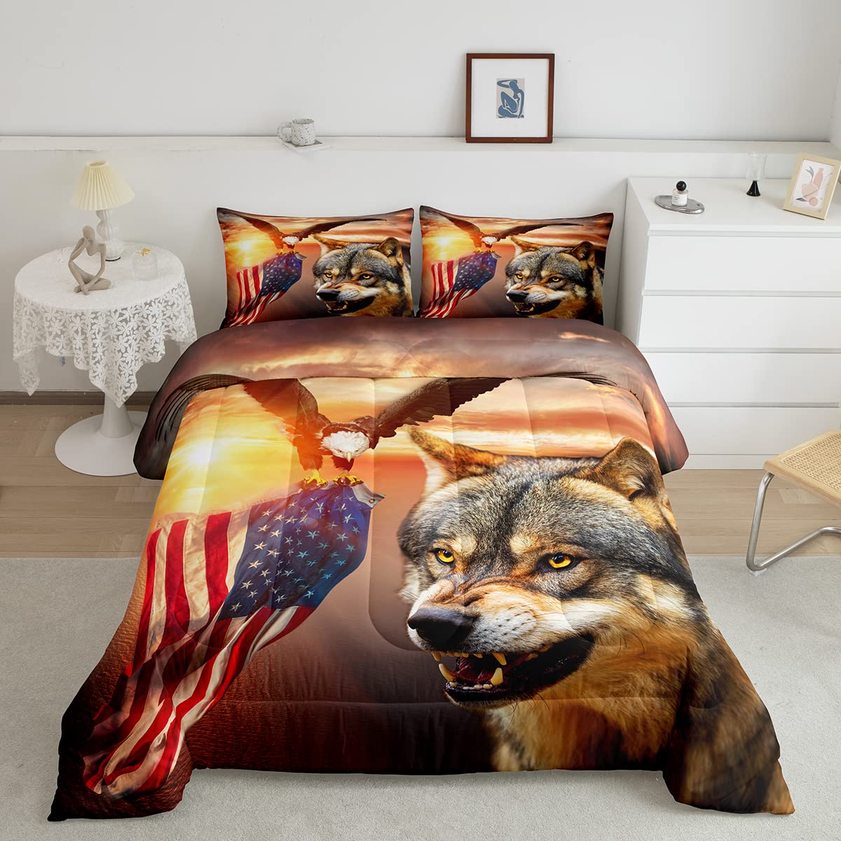 Manfei 3D Wolf Comforter Set Twin Size Eagle and American Flag Print Quilt Set Animal Theme Bedding Comforters 2pcs for Kids Boys Teens Room Decor, Sunset Landscape Duvet Insert with 1 Pillowcase
