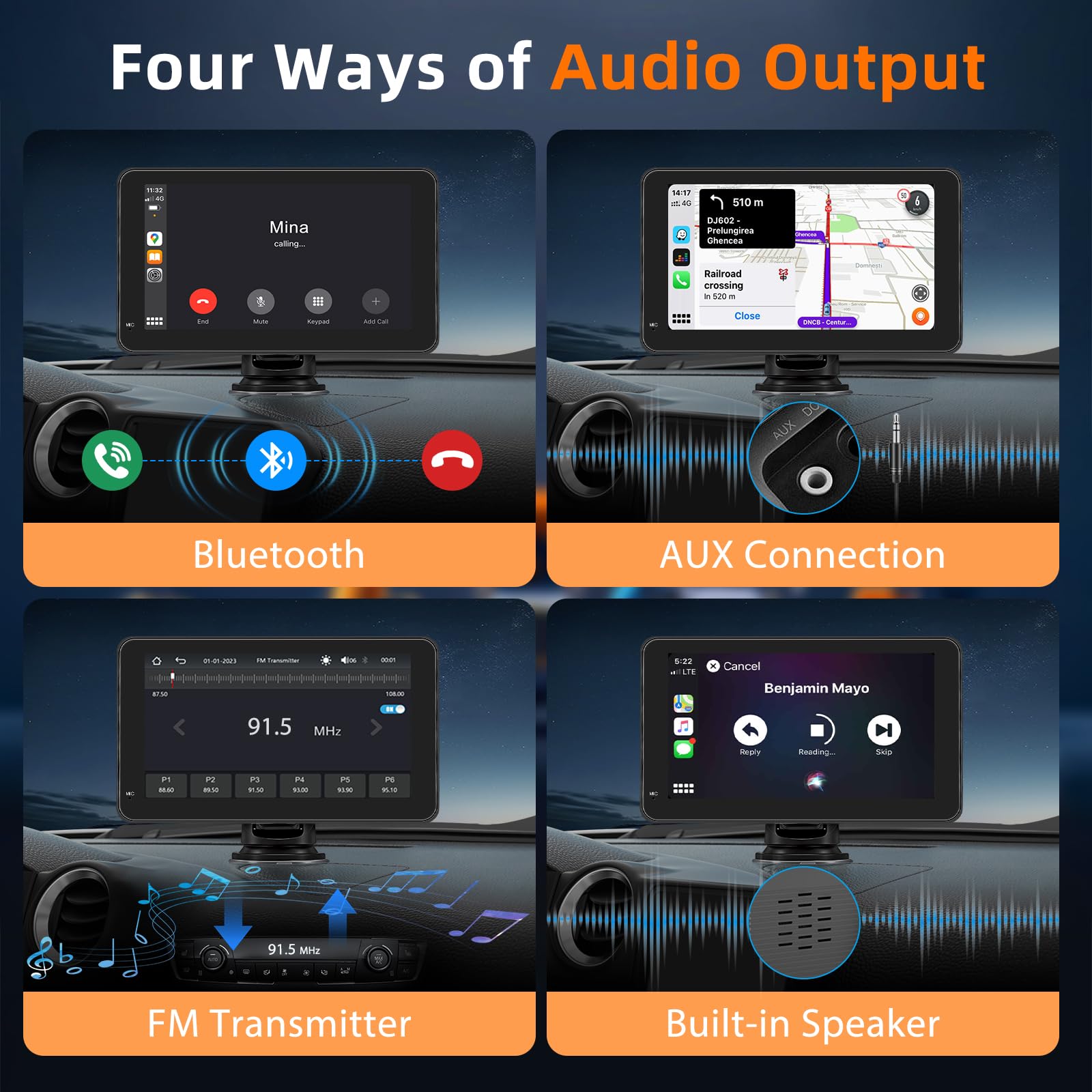 Schermo Per Auto Portatile con Carplay Wireless Andriod Auto,Display da 7 Pollici HD Touchscreen,Autoradio with Mirror Link, Bluetooth, Voice Control, Navigazione GPS,FM Trasmettitore, AUX, Airplay
