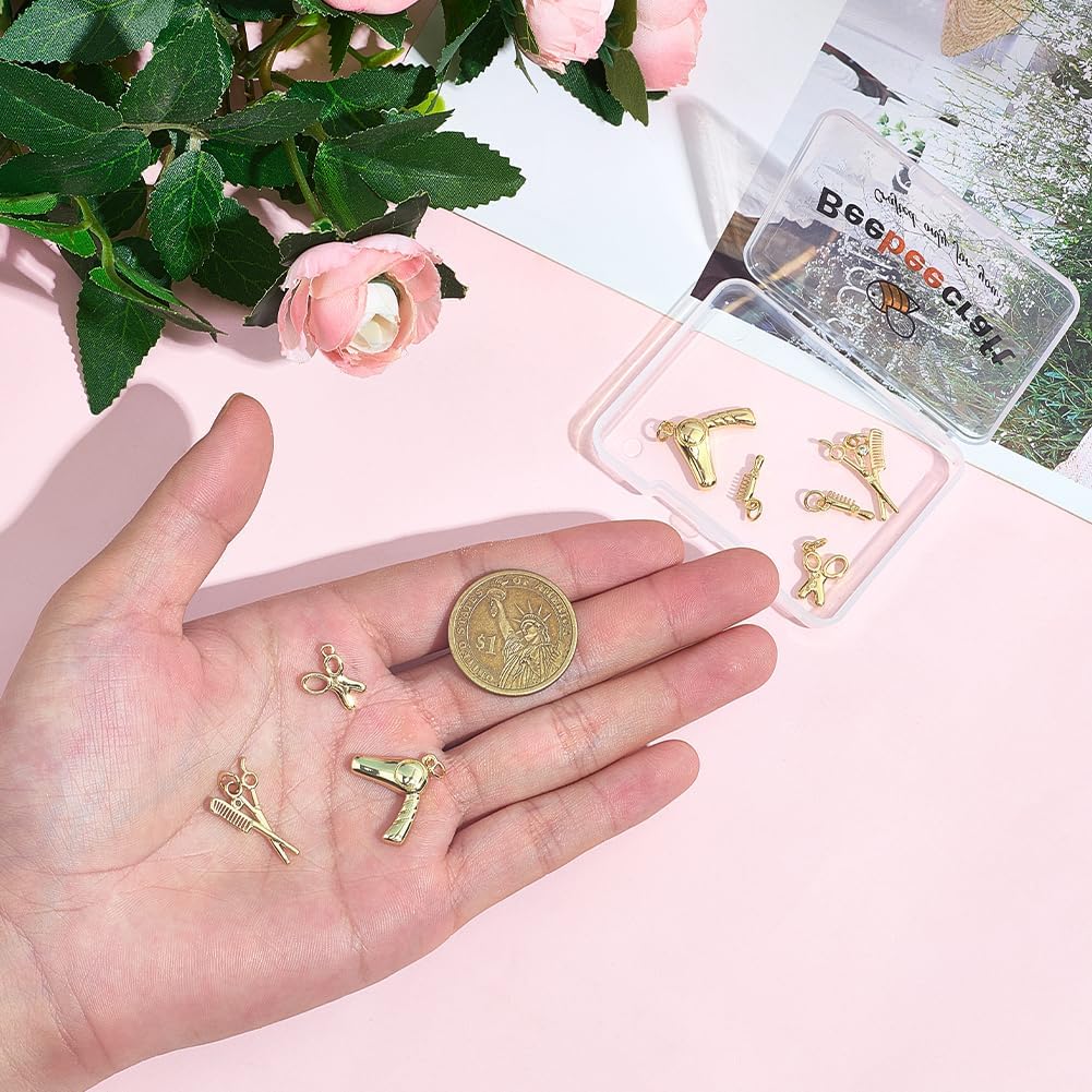 Beebeecraft 8Pcs 4 Styles Hairdresser Charms 18K Gold Plated Brass Hair Stylist Scissor Dryer Comb Barber Mini Tool Charm for Jewelry Making DIY Crafts Bracelet Necklace - Image 3