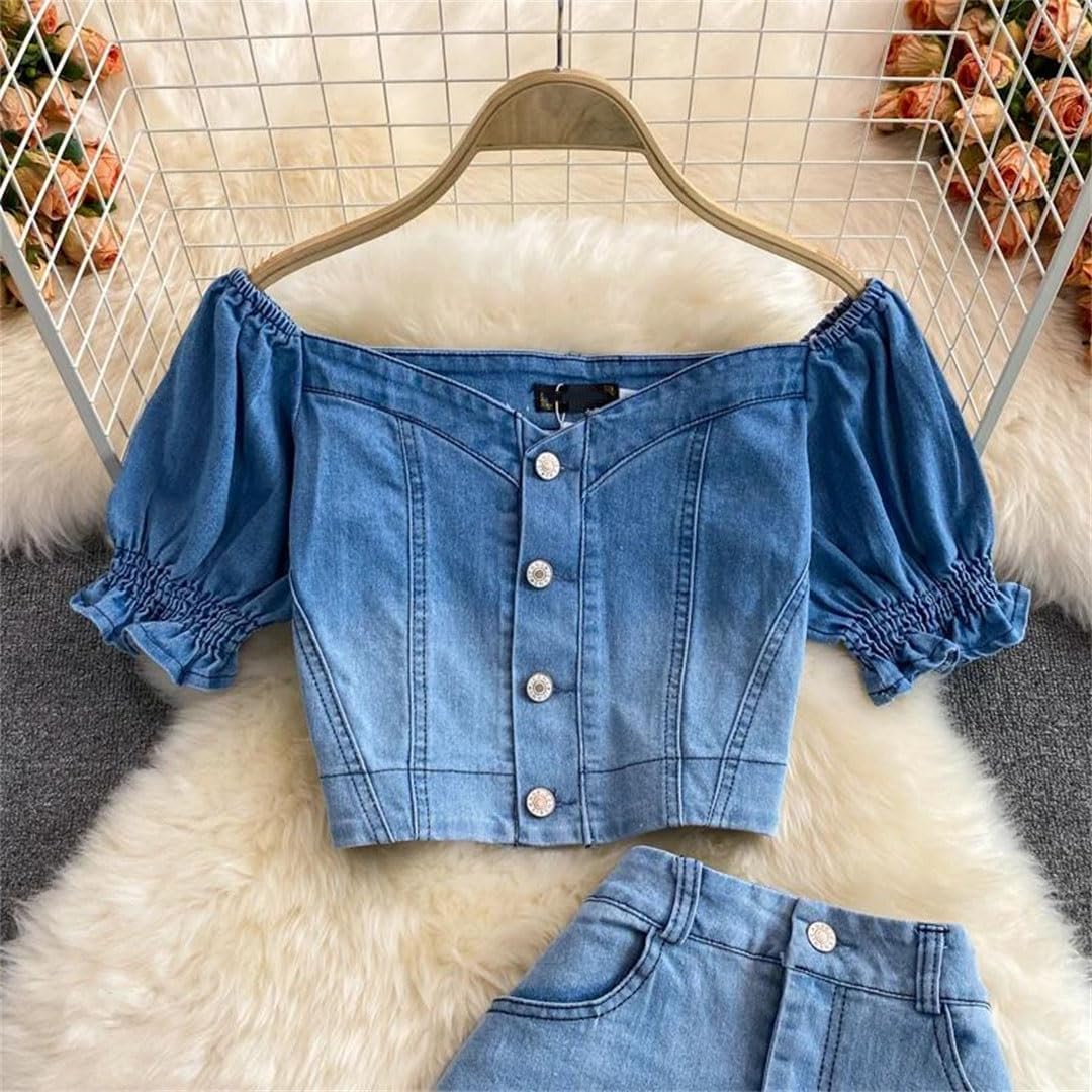 Women's Denim Long Skirt Top Suit Single Breasted Washed Distressed Two Piece Outfit