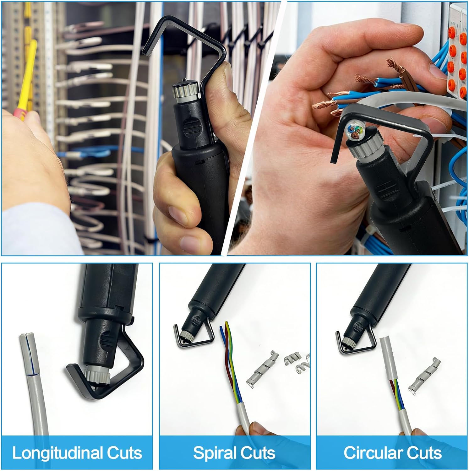 Round Cable Stripper Tool 2 Pack【3/16"–1 1/8" Dia, Adjustable Depth】for Longitudinal, Spiral & Circular Cuts, Fast Cable Jacket Stripping, Sharp Blade Wire Insulation Stripper