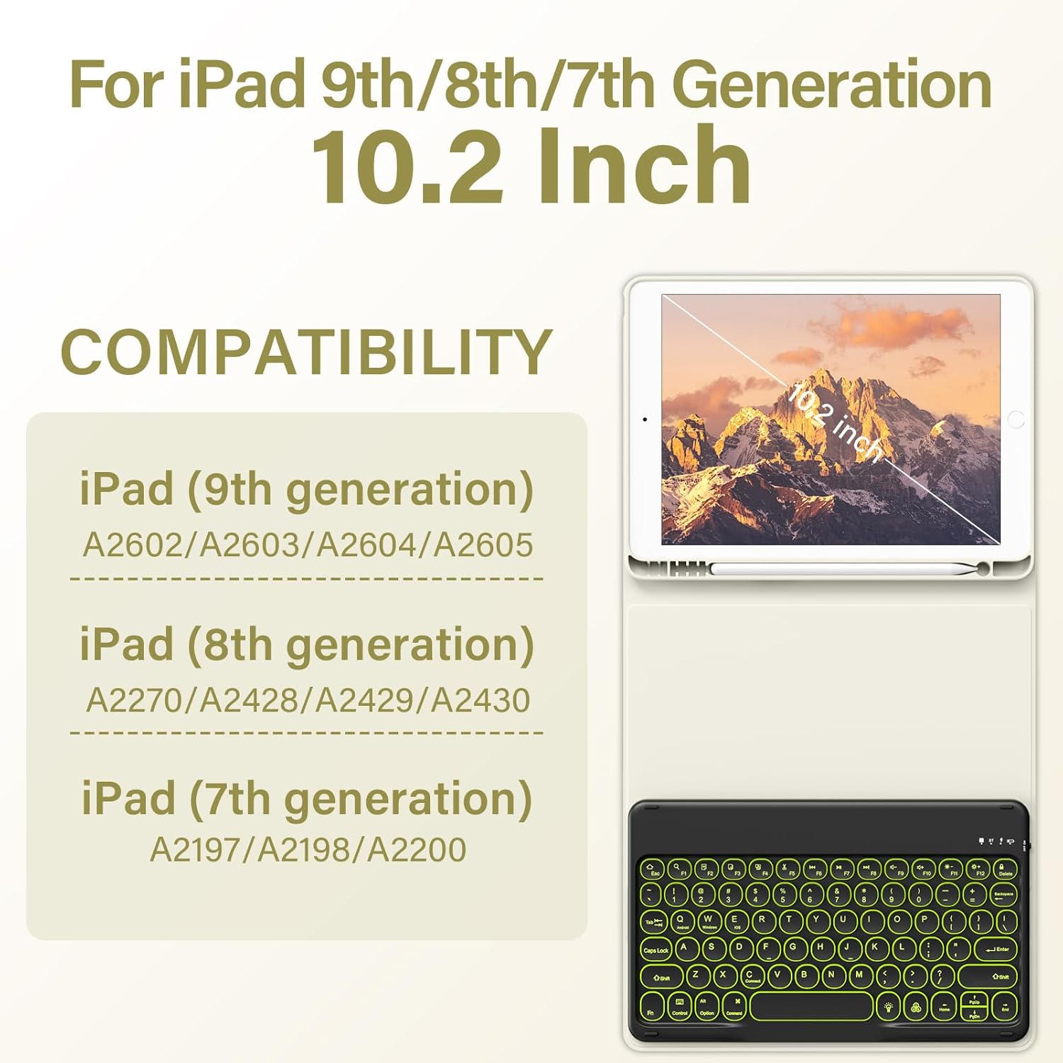 Keyboard Case for iPad 9th/8th/7th Generation(2021/2020/2019) Detachable Wireless Bluetooth Keyboard Case for 10.2 inch iPad 9/8/7 Cover with Pencil Holder Auto Wake/Sleep, Cream White
