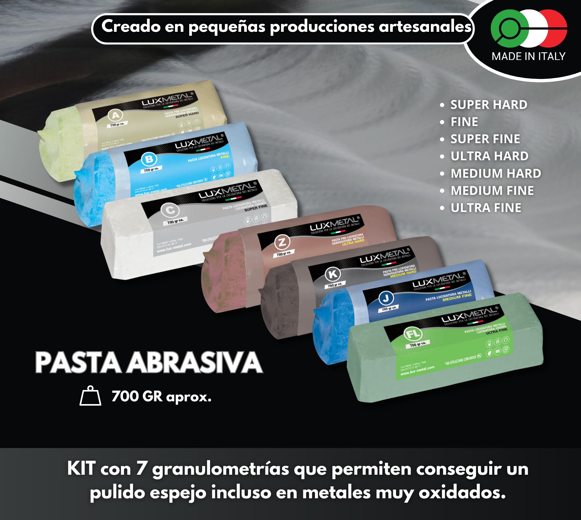 Kit 7 Discos de Pulido de 250 mm y 7 Paste Abrasivas de 700 gr - Para Aluminio, Hierro, Acero Inoxidable, Bronce, Mármol - Rueda Pulidora de Metales para Muela, Esmeriladora, Fieltro.