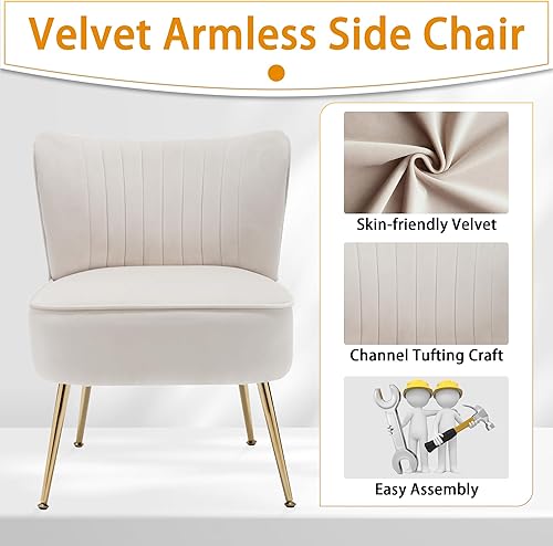 Miniatura 5 de Juego de 2 sillas decorativas, sillas de terciopelo sin brazos para sala de estar con respaldo de ala copetuda y patas de metal dorado, cómodas