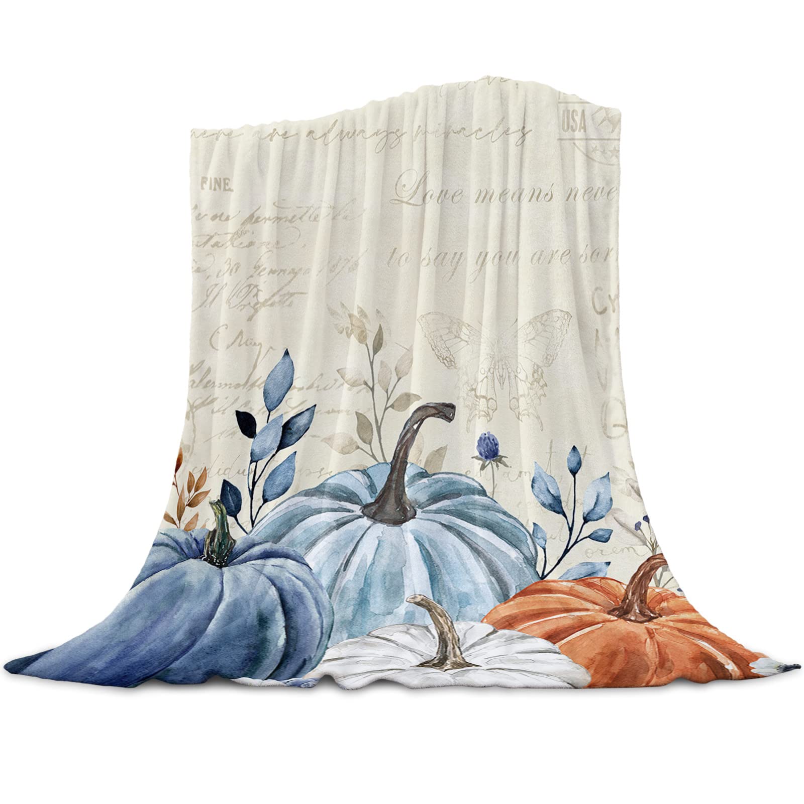 Fall Pumpkin Throw Blanket Thanksgiving Flannel Blankets Cozy Soft Warm Fleece Blankets, Farmhouse Fall Decor Throw Blankets Autumn Vintage Blanket for Couch Bed Sofa Chair Dorm, 39x49 inch