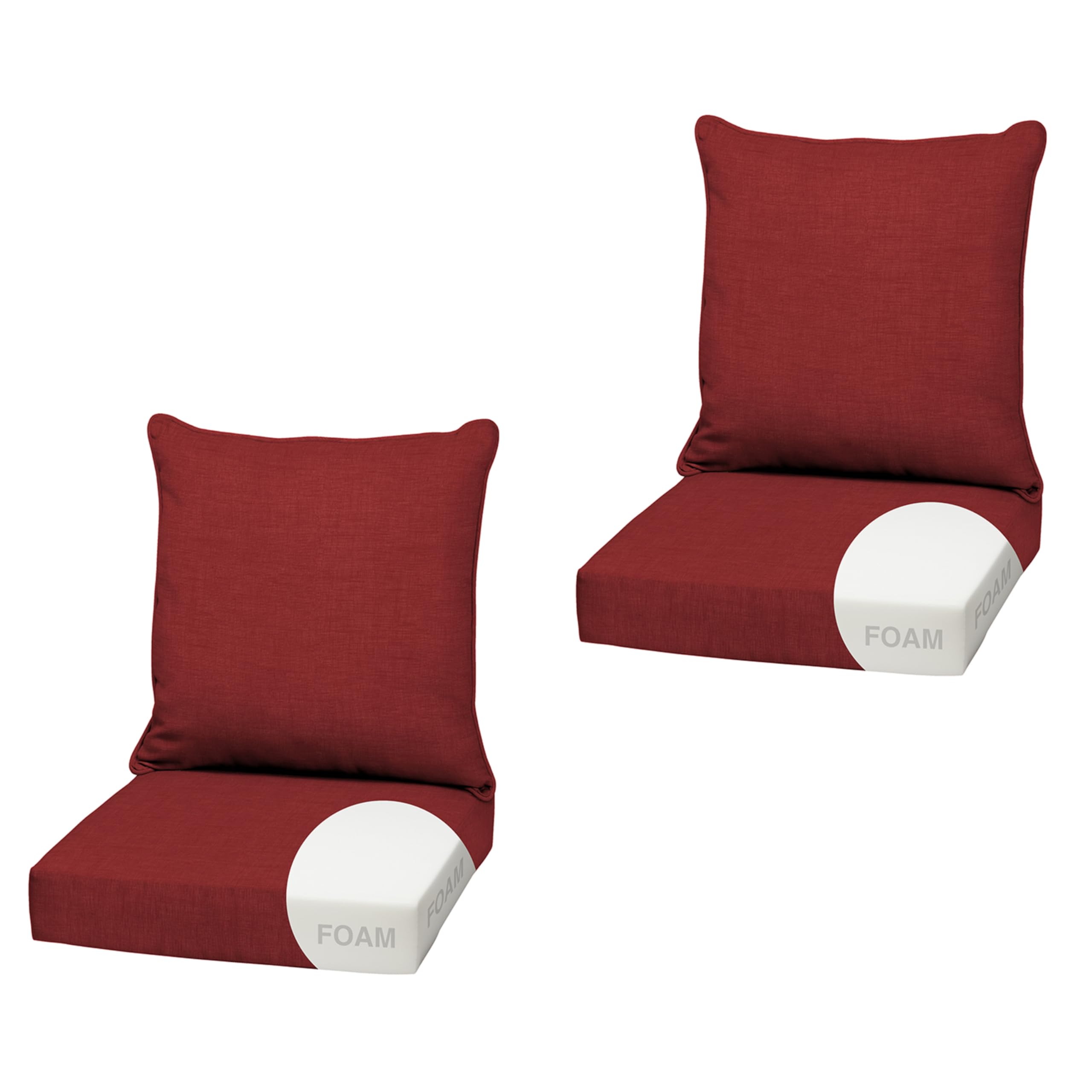 Arden Outdoor Foam Deep Seat Cushion (2-Pack), 22x24, Premium High-Density Foam, Never Flattens, Weather-Proof for Patio Chair Sofa Couch, Ruby Red