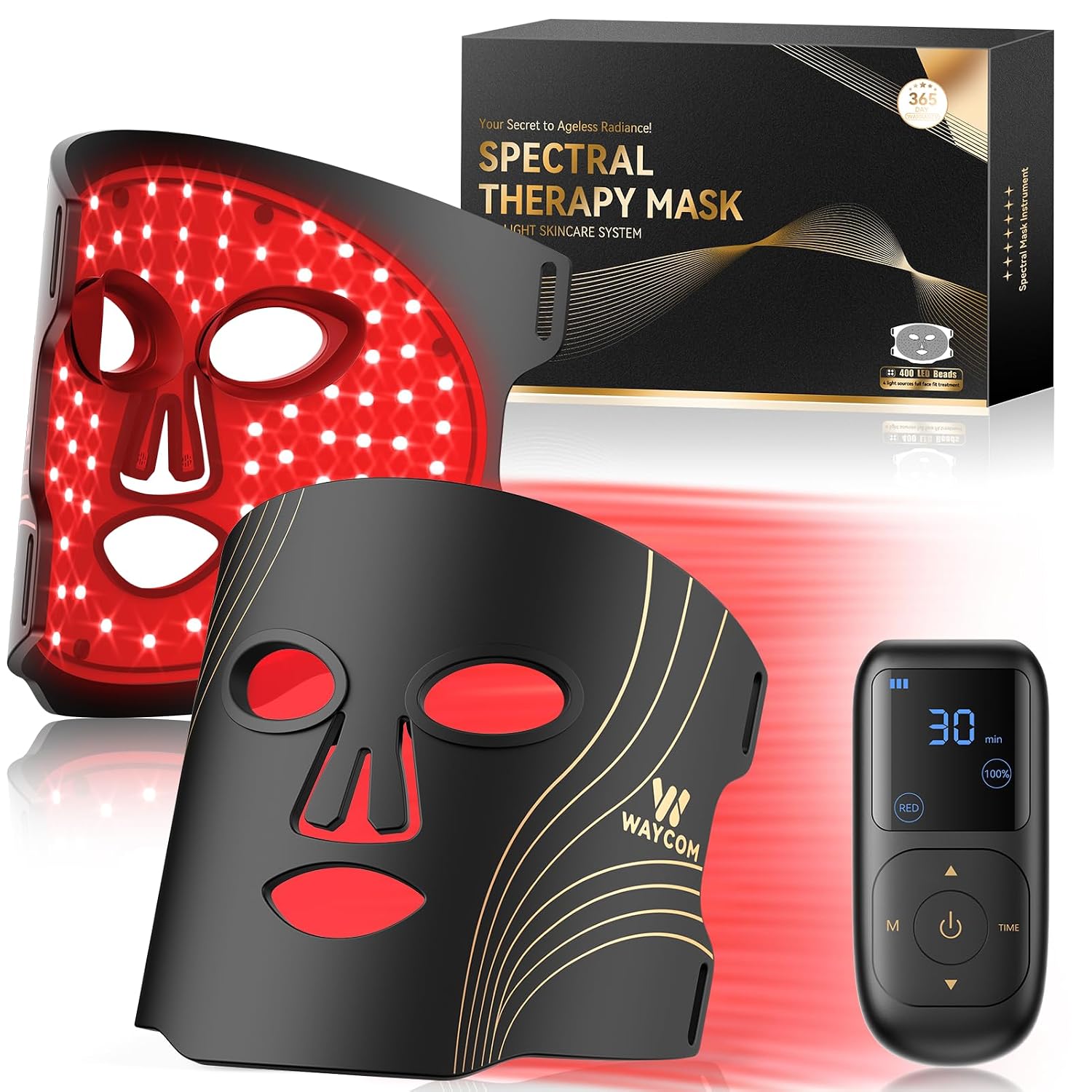 WAYCOM Red Light Therapy for Face: FDA-Cleared Lightweight LED Light Therapy Mask for Skincare - 400 LEDs 850nm Infrared & Blue Red Light with Rechargeable Timing Function Remote for Home Use