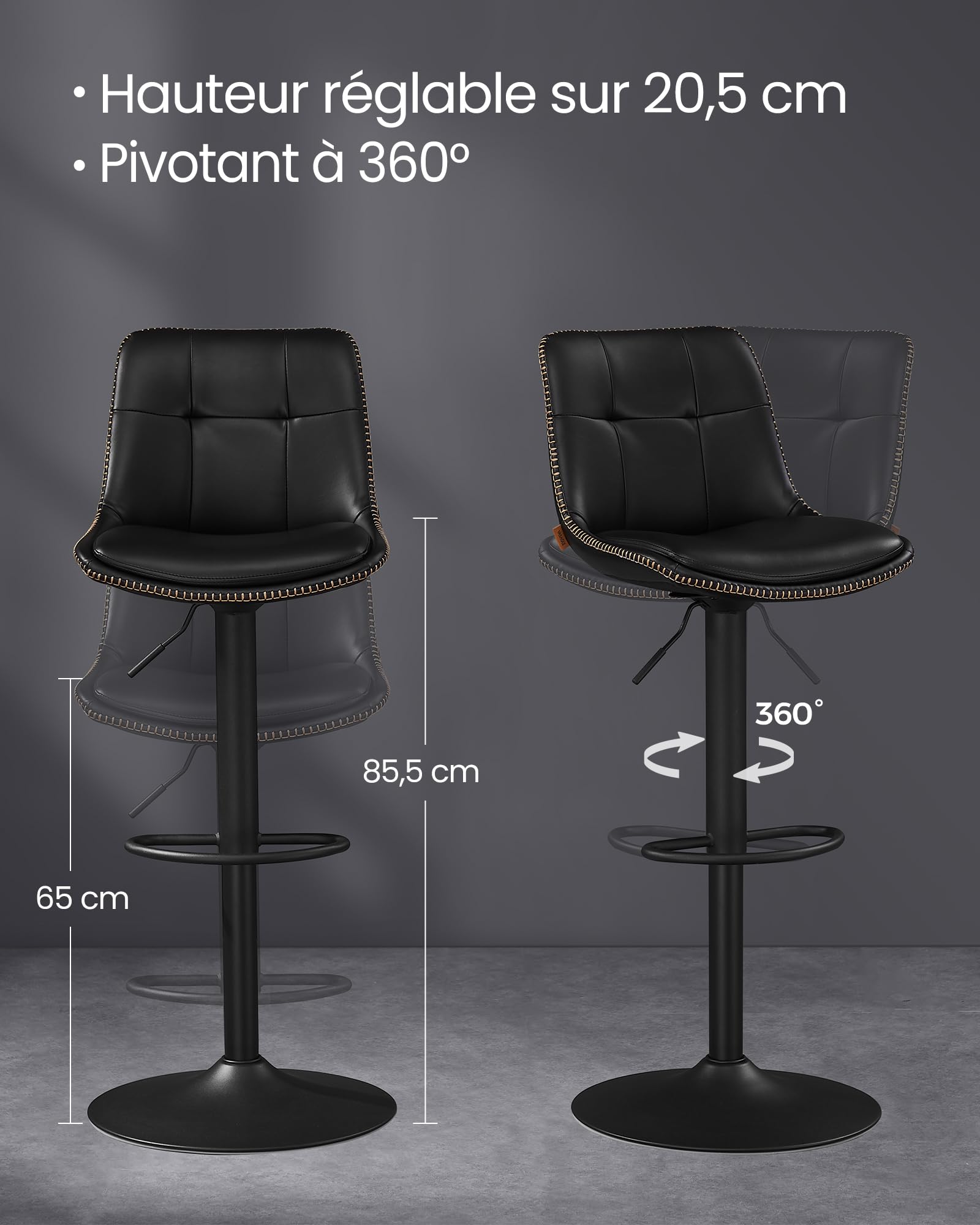 VASAGLE Tabourets de Bar, Lot de 4, Chaise de Cuisine, Siège Pivotant à Hauteur Réglable, Matelassé, en PU, avec Dossier et Repose-Pieds, Salle à Manger, Comptoir, Acier, Noir d'encre LJB295B01