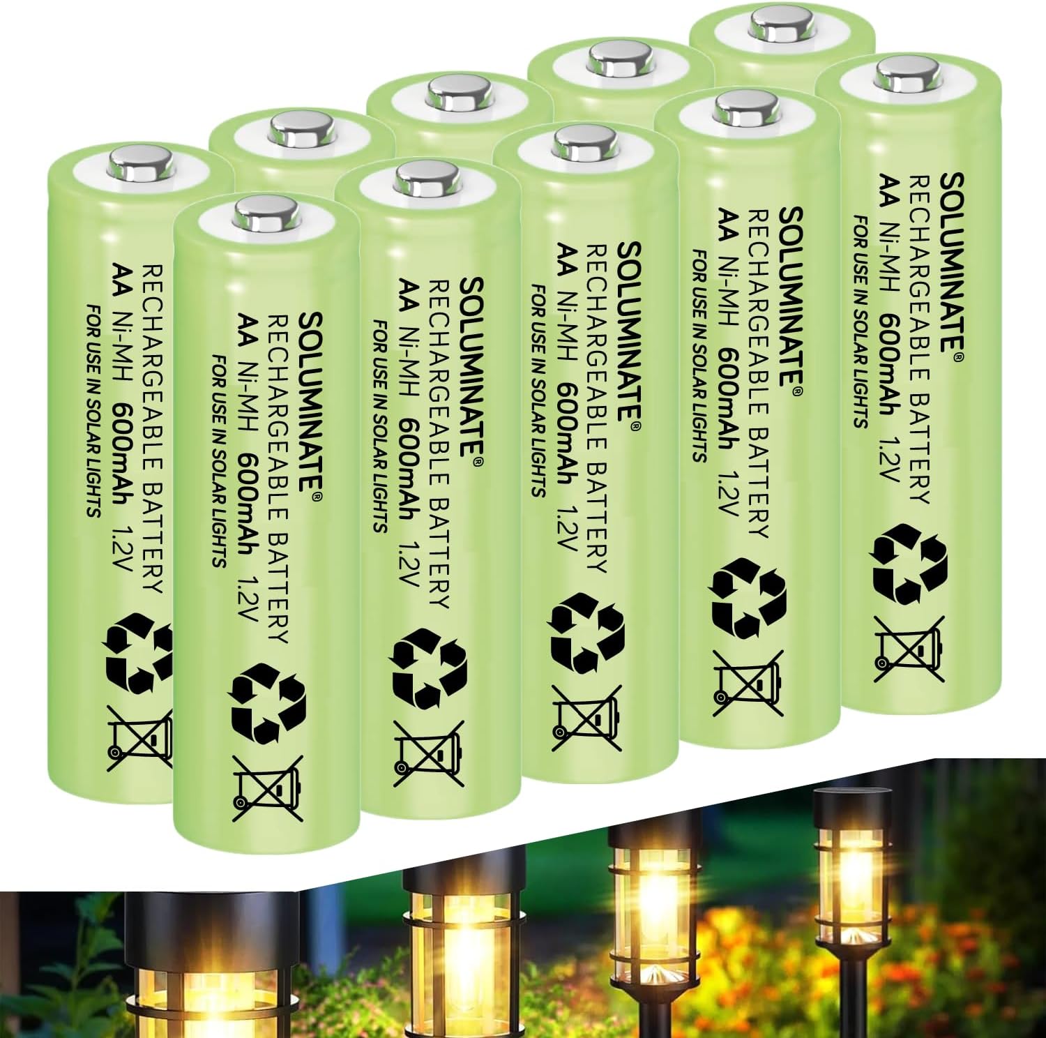 Soluminate Rechargeable AA Solar Light Batteries (600mAh) Replacement for Outdoor Garden Solar Lights, Driveway Lights, and Solar String Lights. Latest 1.2V NiMH Technology (10-Pack)