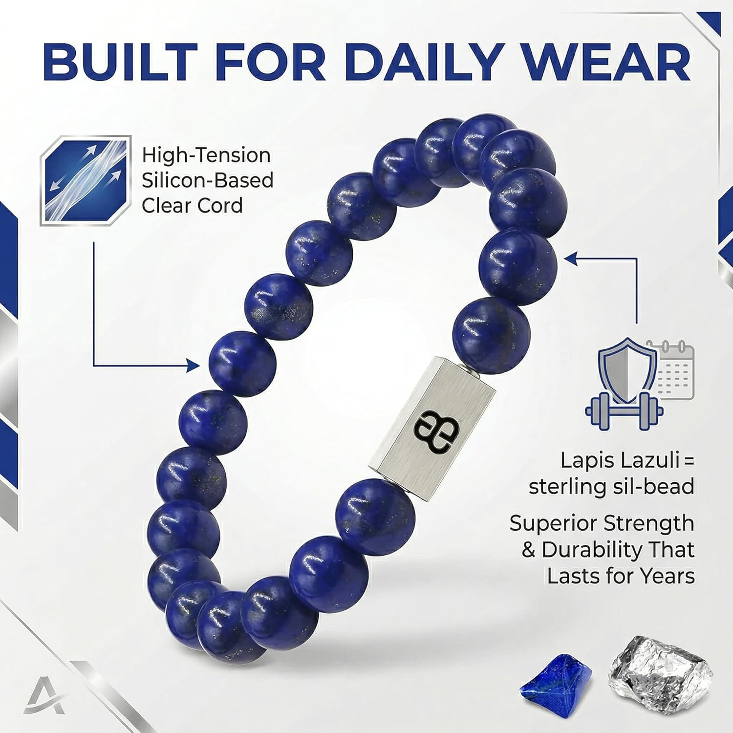 Kartini Studio Lapis Lazuli and Sterling Silver Bracelet, Men's Lapis Beads Bracelet