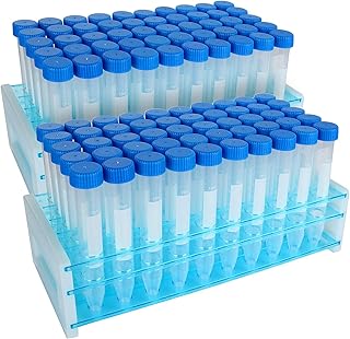 100pcs Conical Centrifuge Tubes 15mL, Clear Plastic Centrifuge Tubes with Leak-Proof Screw Caps, Plastic Graduated Lab Test Container with 2Pcs Test Tube Rack for Scientific Experiments