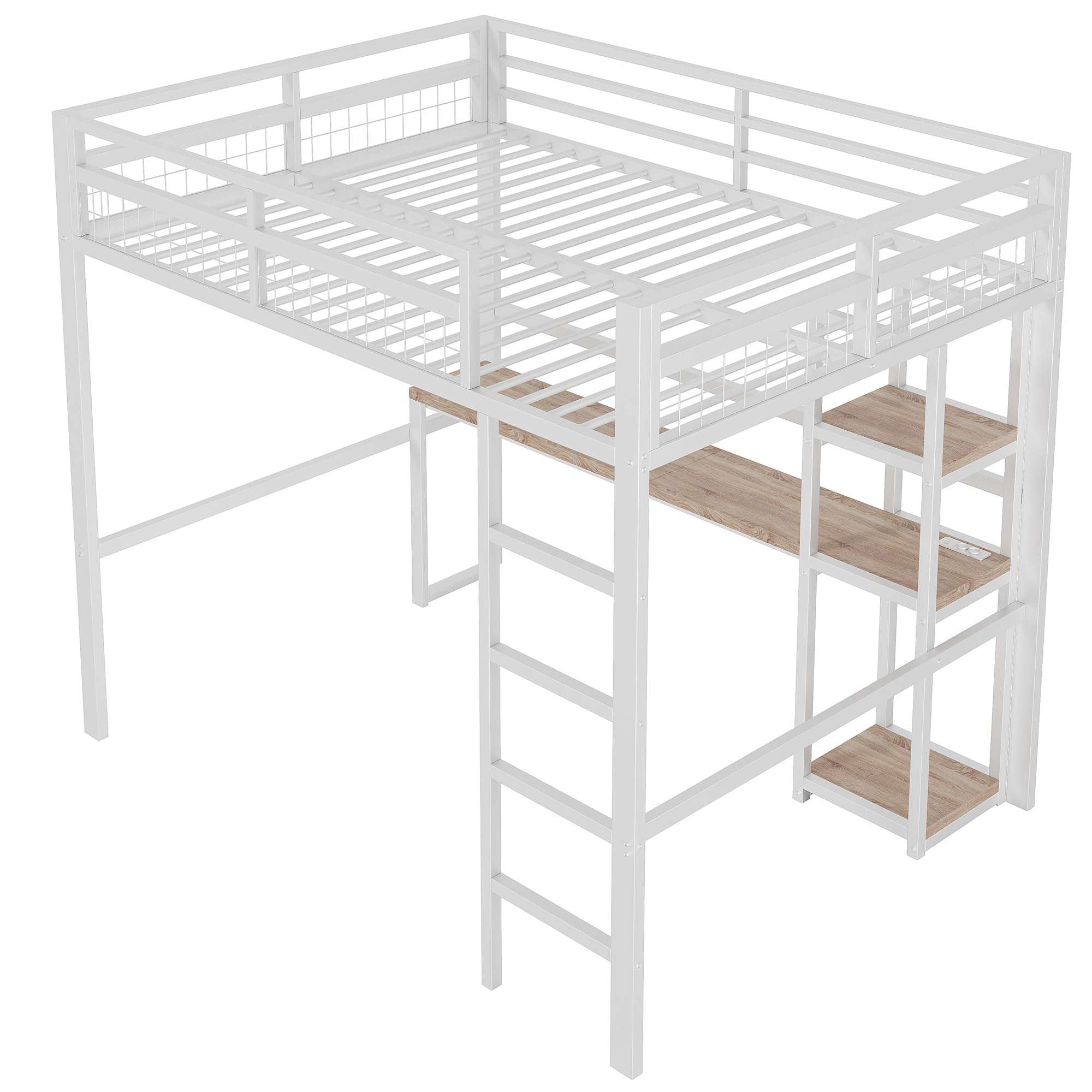 Letto a soppalco in metallo, 140 x 200 cm, scrivania con presa e scaffale, con ricarica USB + Type-c, per bambini, ragazzi e adulti, letto a castello, senza materasso (bianco)