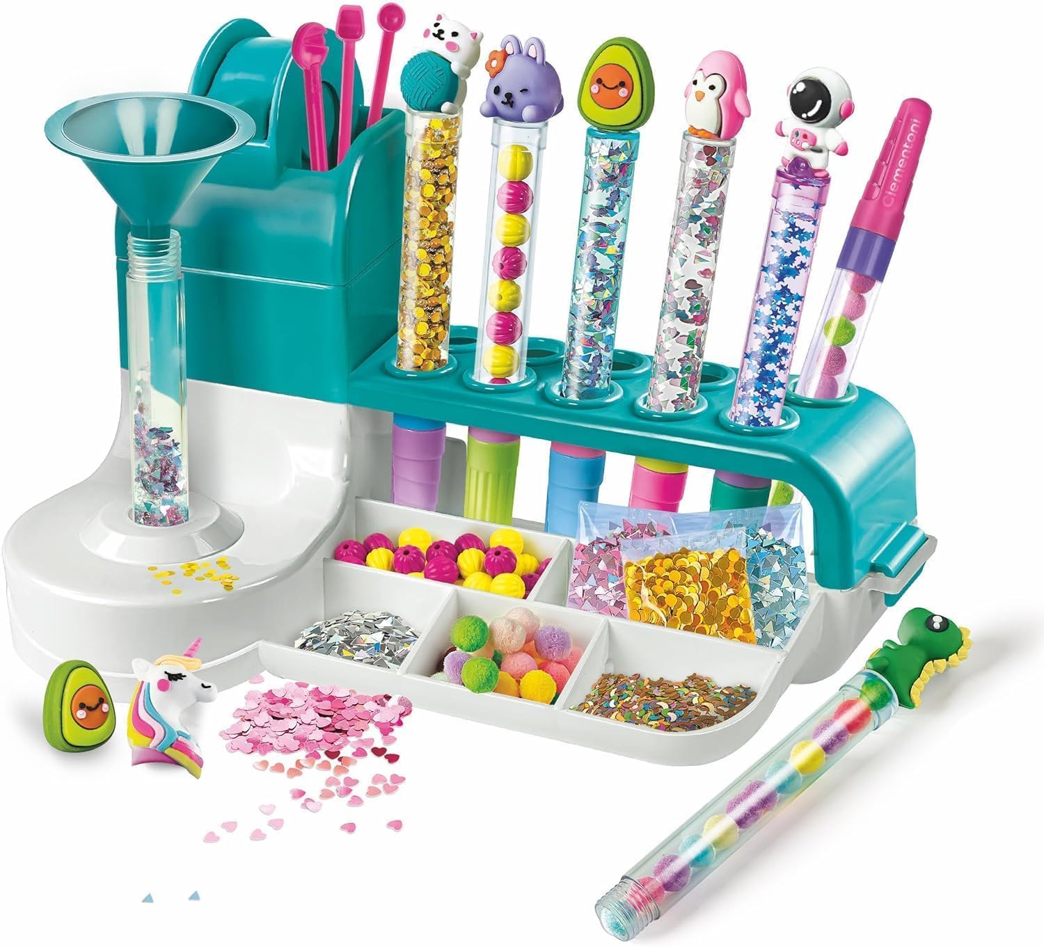 PRESTIGE & DELUXE Laboratorio de bolígrafos personalizados – Kit creativo para niños a partir de 6 años – con 50+ accesorios y 10 bolígrafos personalizables + llavero de regalo y bolígrafo 6 en 1