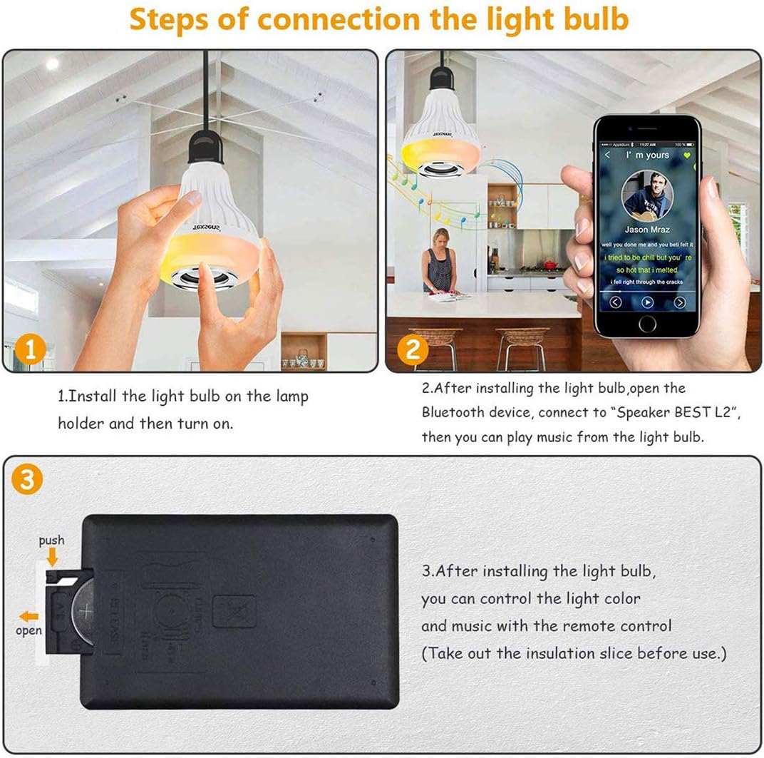 Texsens LED Light Bulb Bluetooth Speaker, 6W E26 RGB Changing Lamp Wireless Stereo Audio with 24 Keys Remote Control