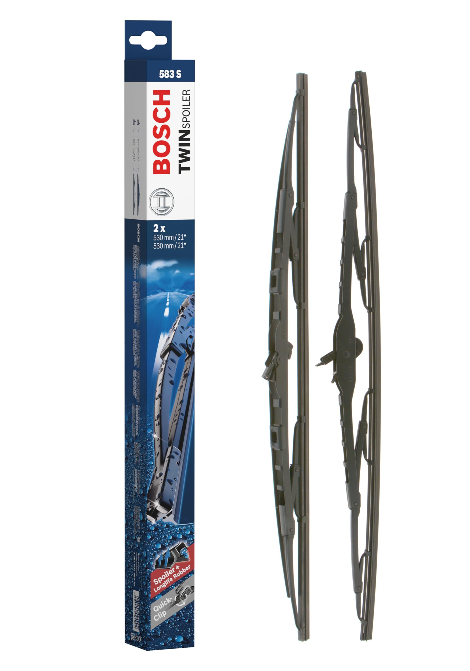 Bosch Balais d'Essuie–Glace Plats Conventionnel Twin Spoiler 583S, Longueur: 530mm/530mm – 1 Paire de Balais avant