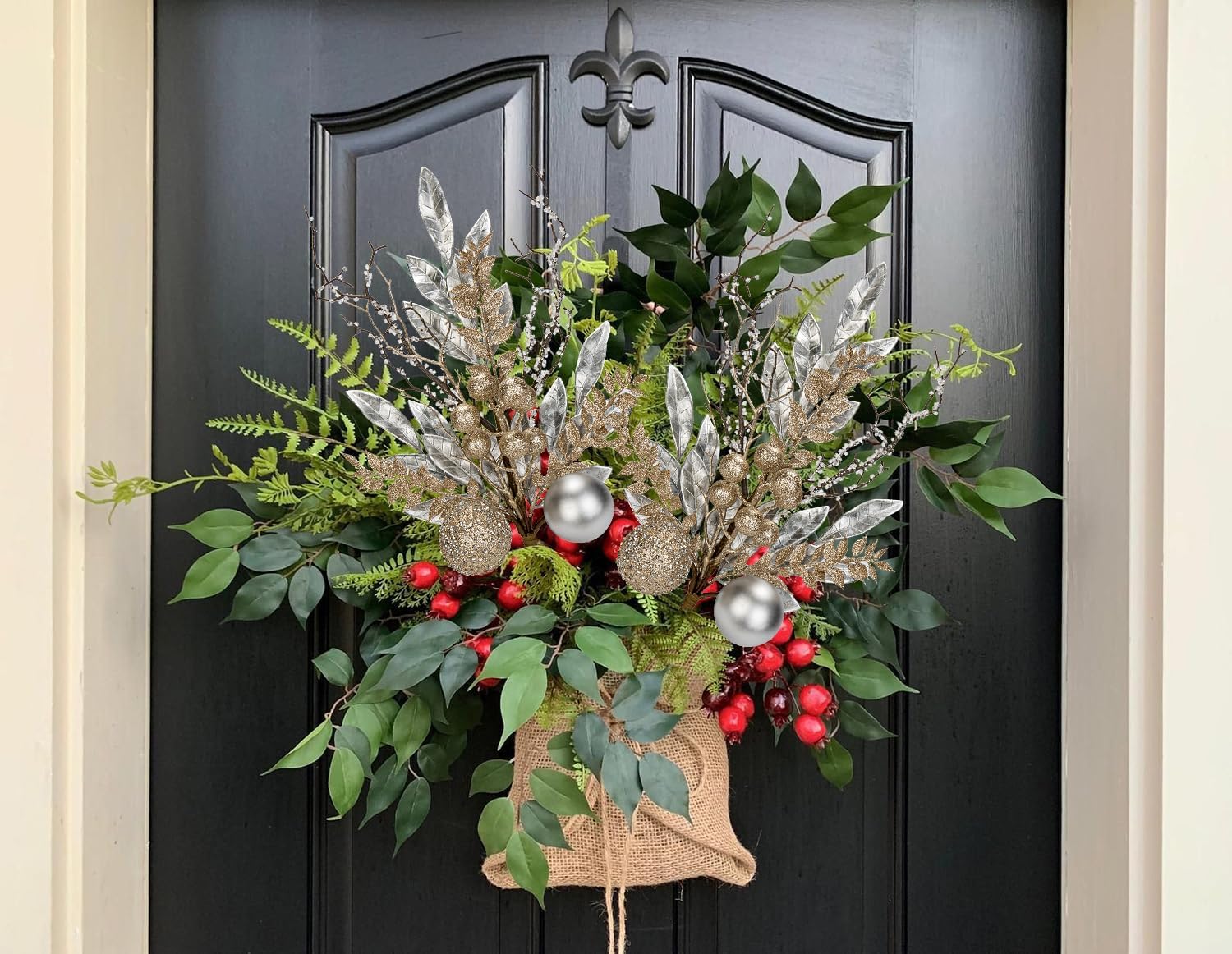 3 Pcs Christmas Glitter Leaves Fern Stems With Ball Ornament, Bay Leaves, 15 Inch Artificial Picks Floral Branches for Tree, Xmas Wreath, Centerpieces, Home Decor - Champagne