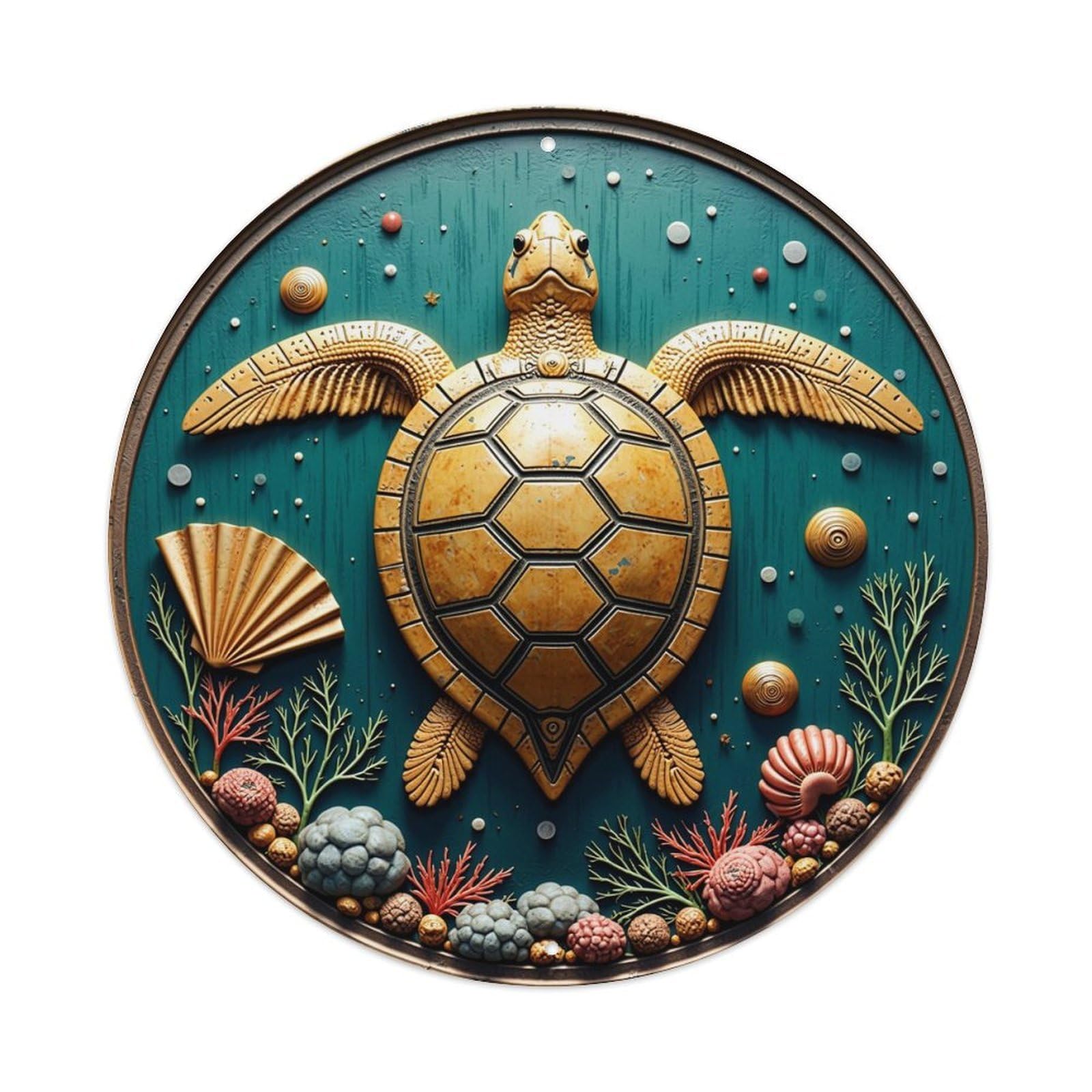 Turtle Shell Seashell Coral Starfish Vintage Round Tin Sign Retro Metal Wall Decor Metal Poster, Home Bar Garage Cafe Wall Art Decoration 8x8Inches