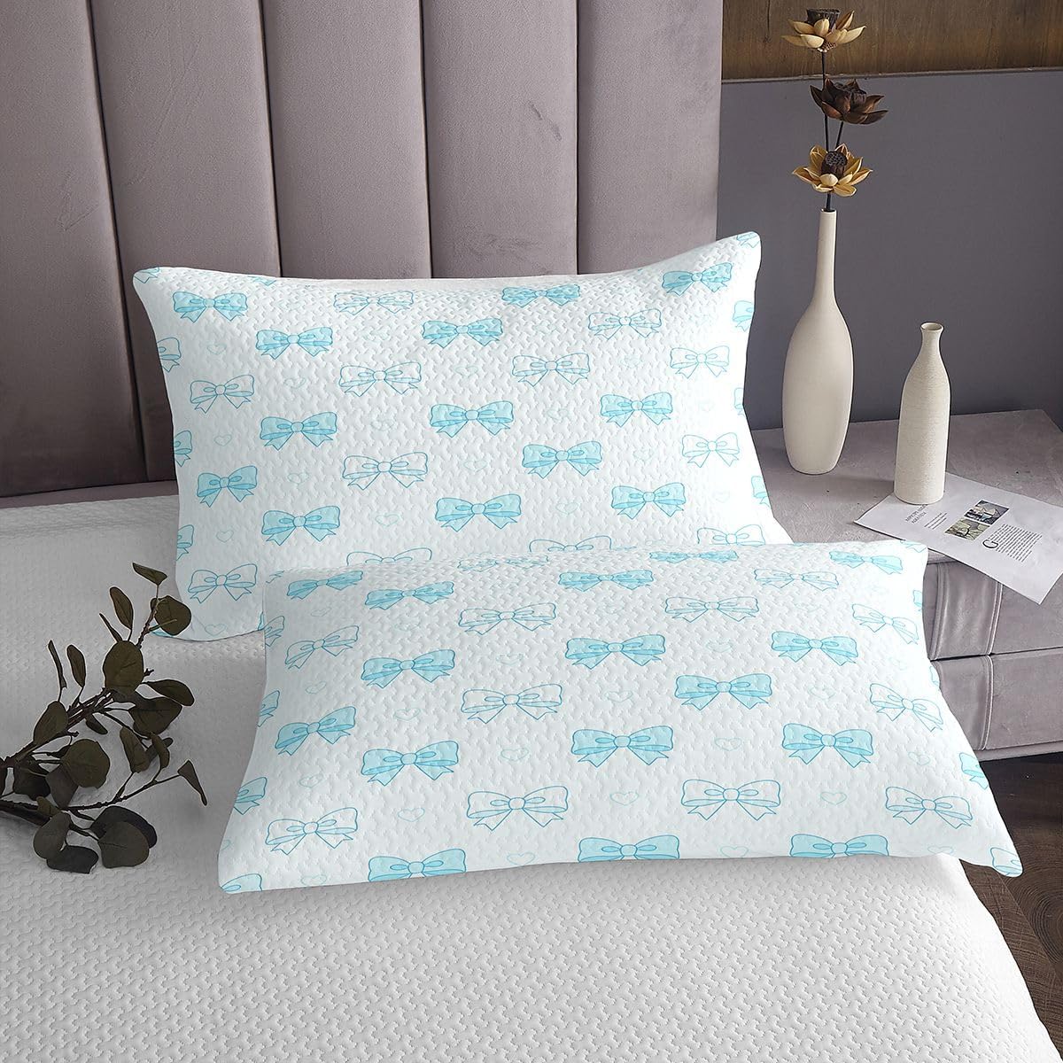 Feelyou Blue Bow Bedspread 3 Pieces Queen Size Cute Coverlet Set Soft Cozy Kawaii Lightweight Quilted Coverlet for All Season with 2 Pillowcases Princess Bowknot Ribbon Bow Knot