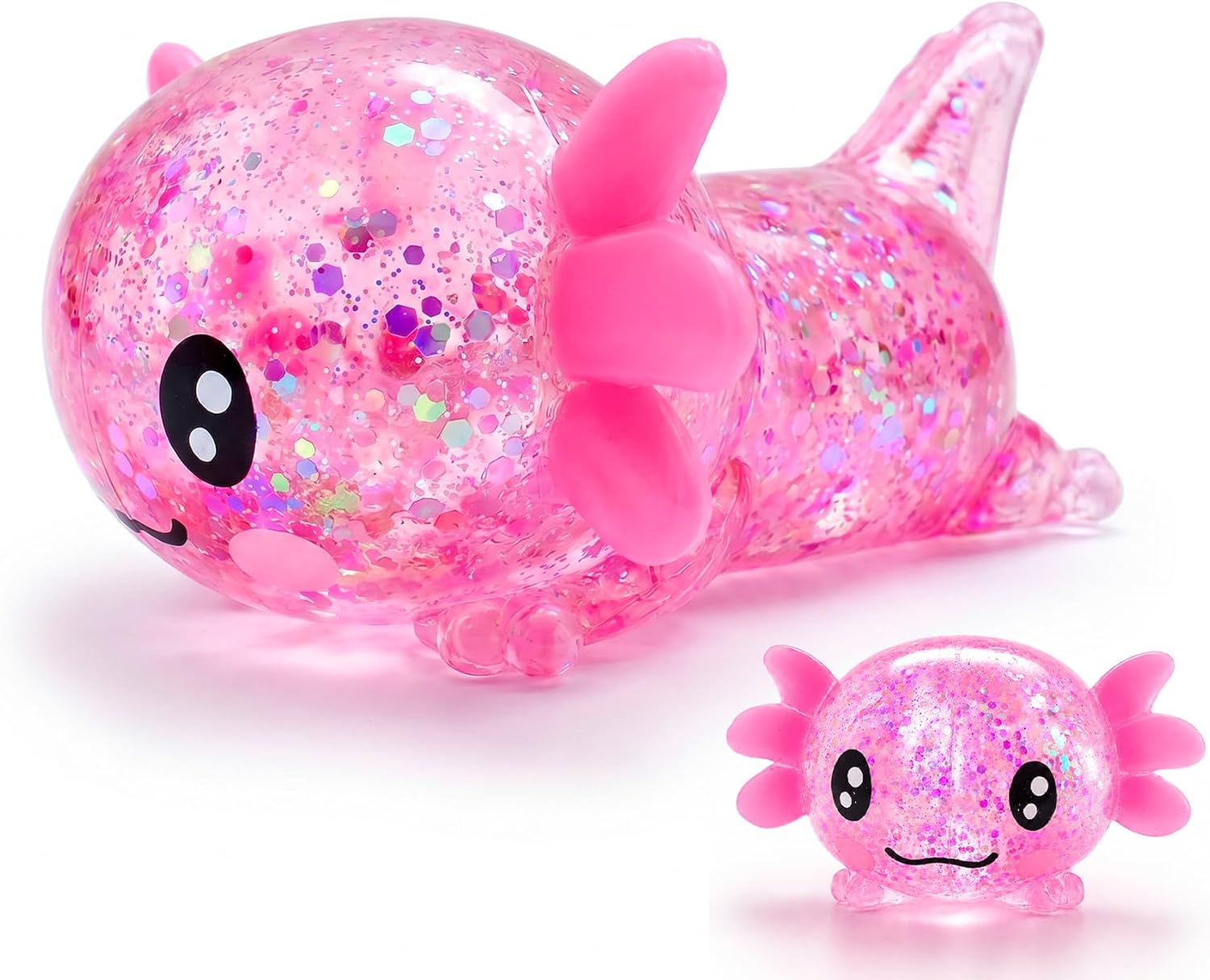Axolotl Squishy Toy Stress Relief Glitter Fidget,Cute Lying Pose Fidget Axolotl Squishy Toy for Kids & Adults, Squishy Gifts Salamander for Party Birthday (Pink)