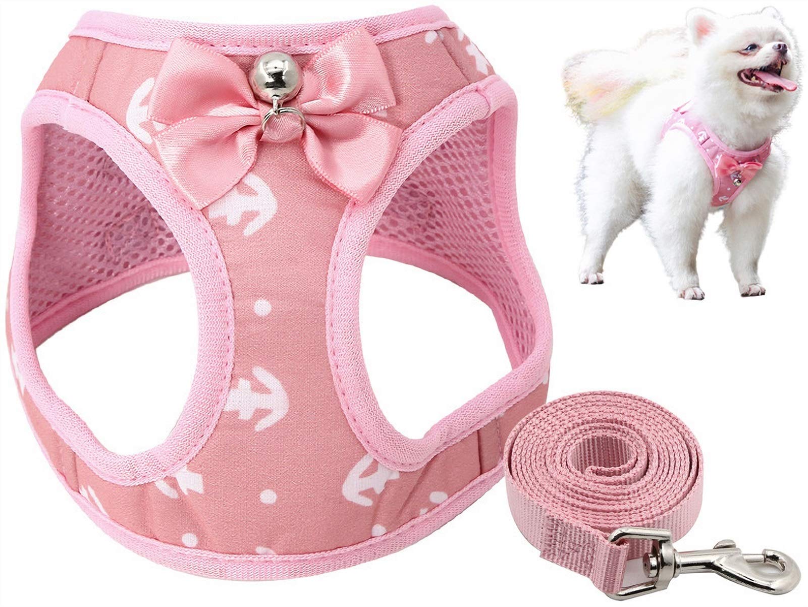 DHGTEP Tartan Dog Harness, Soft Dog Harness and Lead Set with Cute Bow Tie ＆ Bell for Puppy Small Dogs Large Cats (Color : Pink, Size : S)