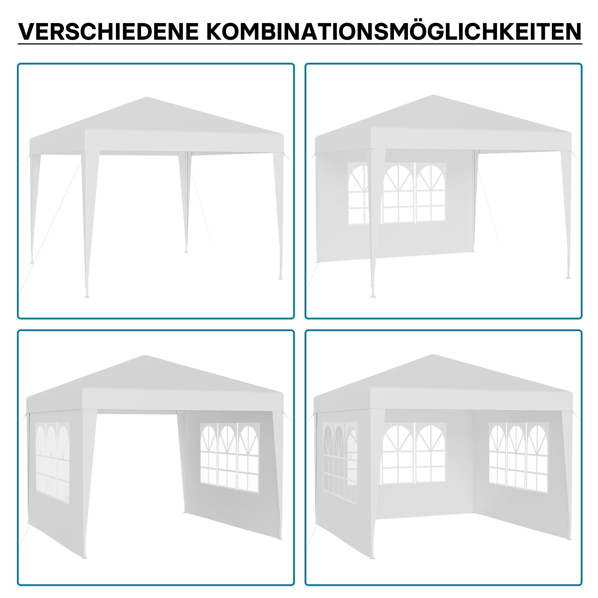 Wiltec Pavillon 3 x 3 m in Weiß mit UV-Schutz 50+, Gartenpavillon mit abnehmbaren Seiten, Partyzelt mit Fenstern für z. B. Terrasse und Festival