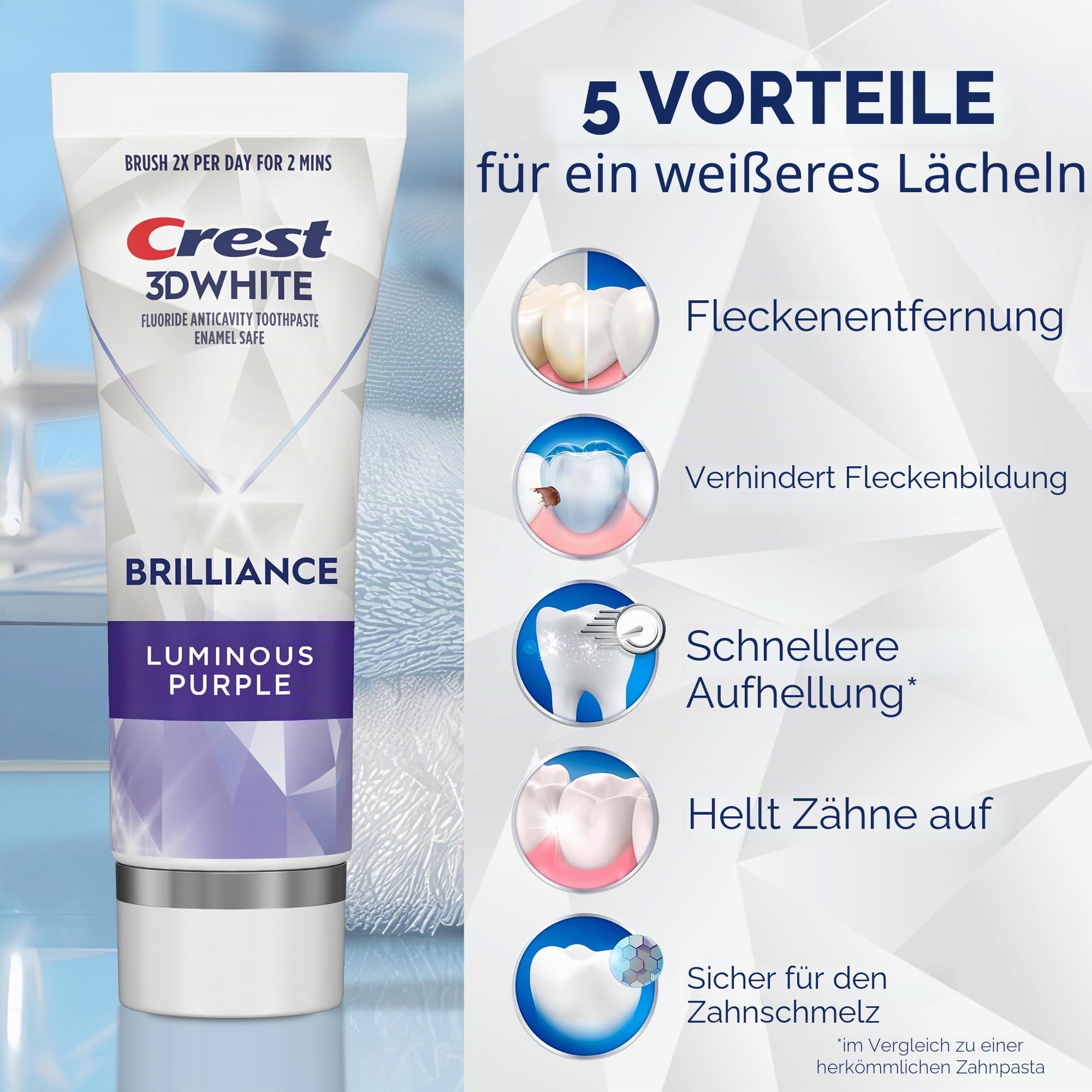 Crest 3D Whitening Zahnpasta, Weiß, Brilliance Luminous Purple, 3 Stück, 142 g, Fluorid Anti-Karies-Zahnpasta, bekämpft 100% mehr Oberflächenflecken, Vorbeugung