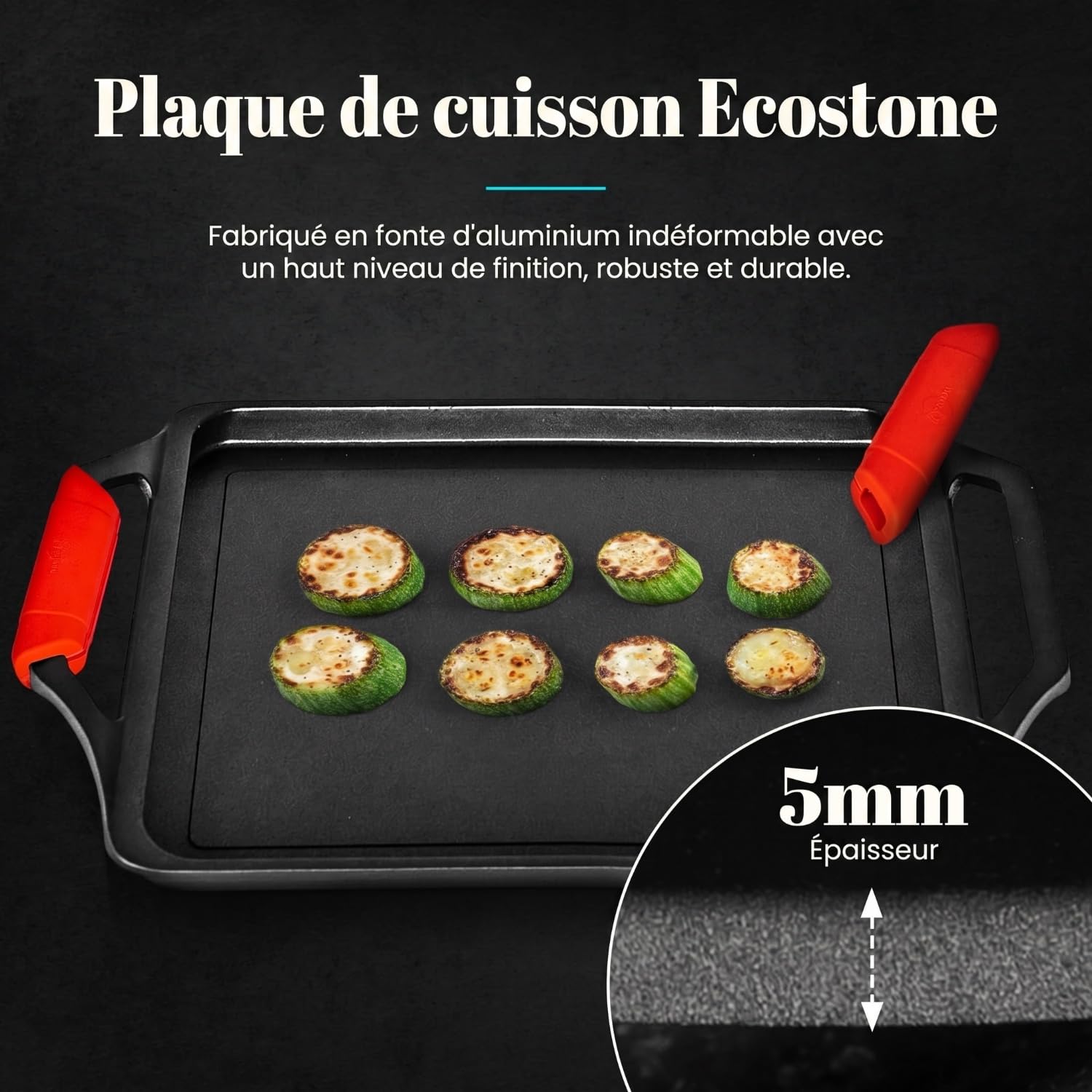 WECOOK! Ecostone Plaque à Griller Induction 43 X 25cm, Fonte d'Aluminium, Anti-adhésif XTRA DUPONT Écologique sans PFOA, Épaisseur 5 mm, Poignées en Silicone, Vitrocéramique, Gaz, Four