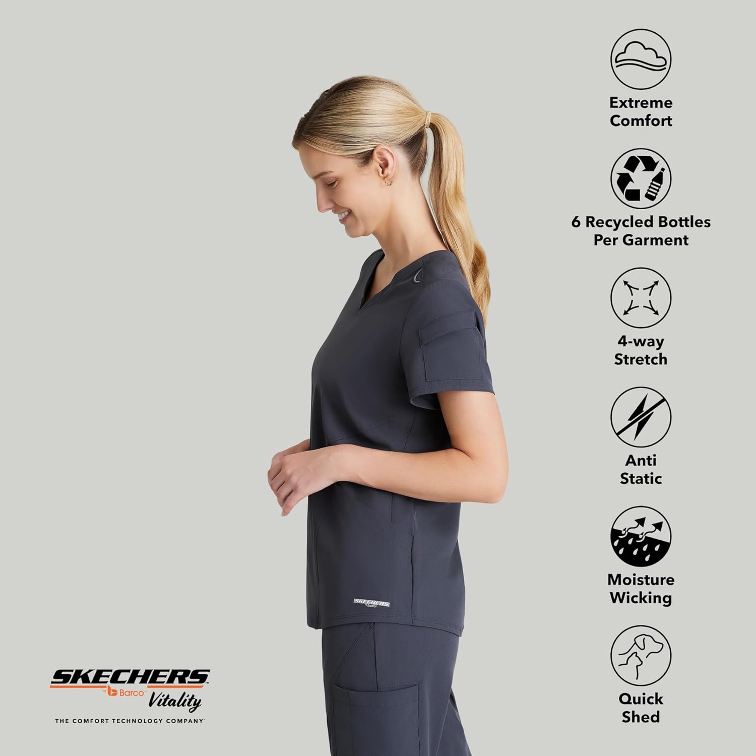 BARCO Skechers Vitality Aura Classic Fit Scrub Top for Women – 3-Pocket Classic V-Neck Top with 4-Way Stretch - Image 5