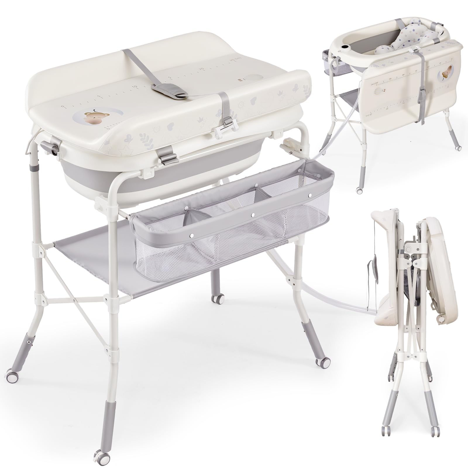 Baby Bathtub with Foldable Changing Table Standing Infant Bath Tub for Newborn Toddler Shower Portable Diaper Changing Station