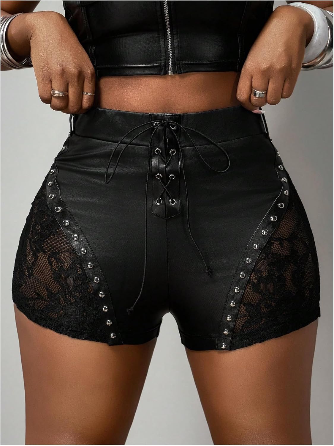 Verdusa Women's Punk Lace Rivet PU Leather Shorts Rave Club Lace Up Micro Shorts - Image 3