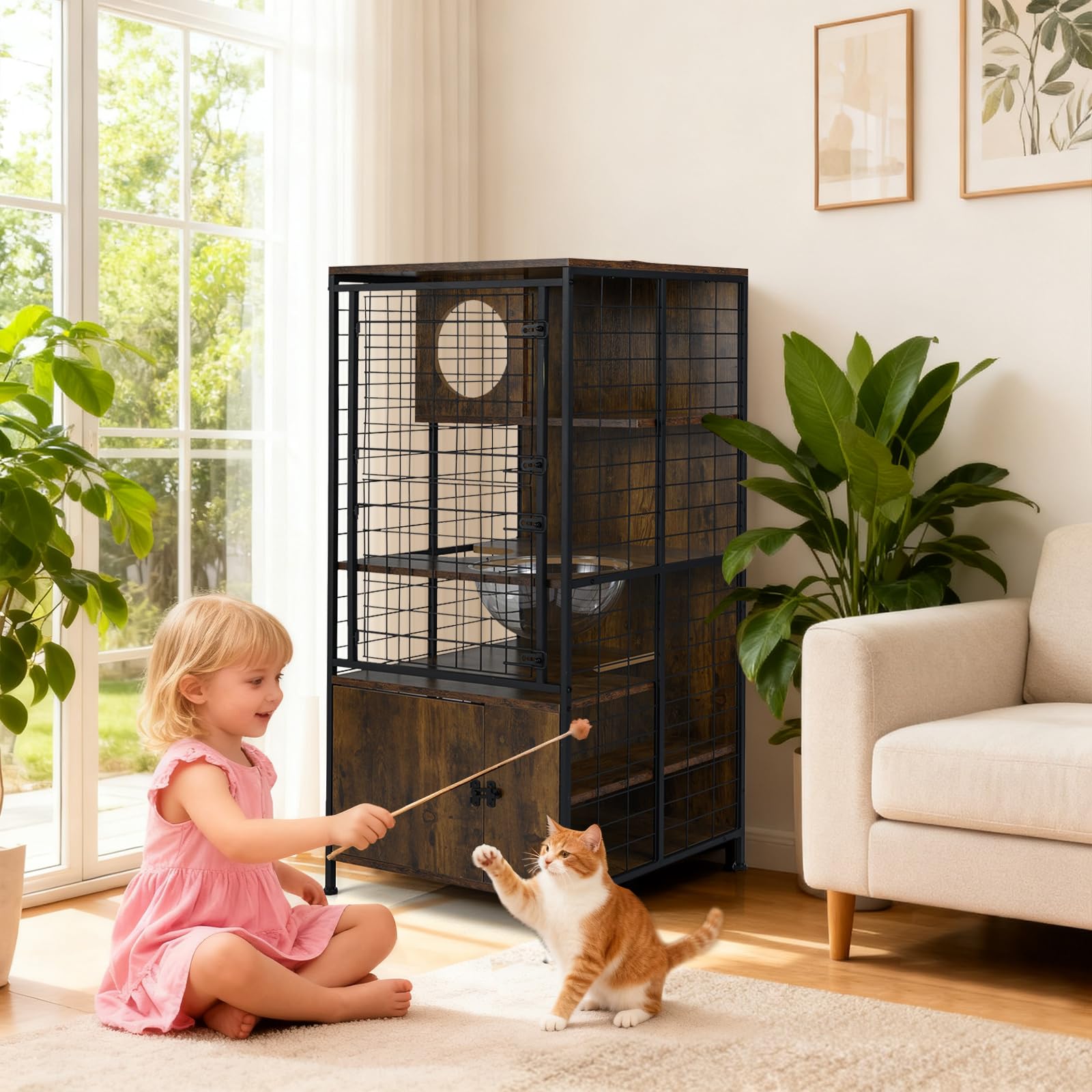 COSTWAY Grand Cage Chat à 4 Niveaux, Enclos pour Chats en Fil, 3 Plateformes, Capsule, Meuble de Rangement Bas, Portes Verrouillable, Patins Réglables, pour Lapin Écureuil, 60 x 60 x 125 cm