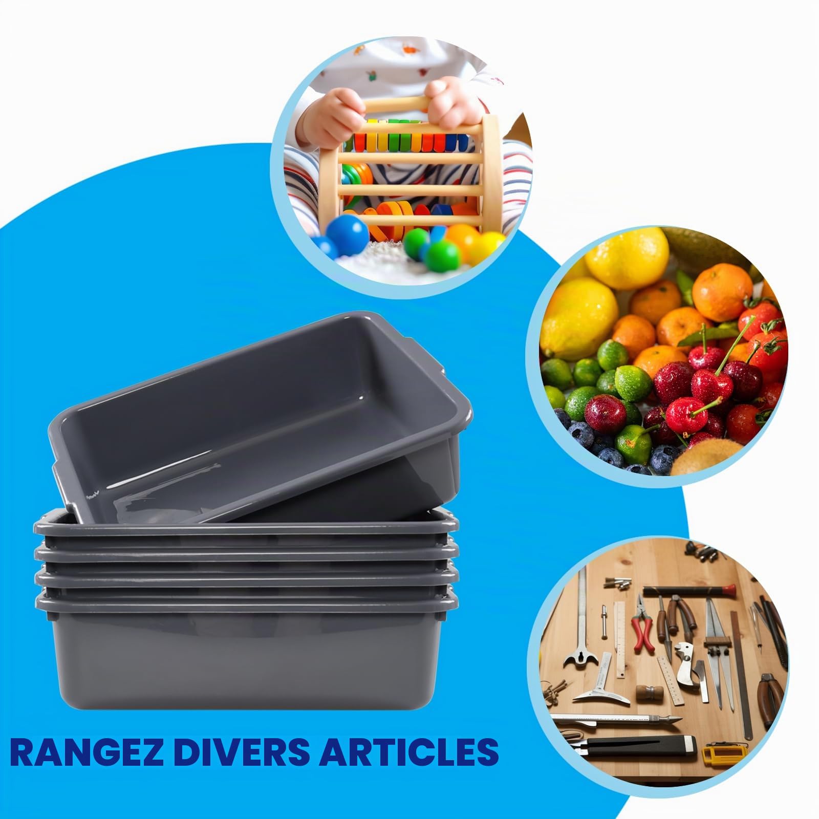Lot de 5 Gris Cuvette Plastique Rectangulaire, Bassine à Vaisselle en Plastique, 8 Litres