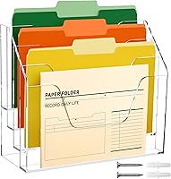 Vista 1 de DINGHUO Acrylic Desk File Mail Organizer Wall Mounted, 4-Tier Hanging File Folder Holder, Clear Office Magazine Rack (Adhesive Hooks x 2)