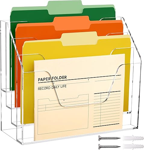DINGHUO Soporte para archivos de pared de escritorio, organizador de archivos de acrílico de 4 niveles para colgar en la oficina, estante para