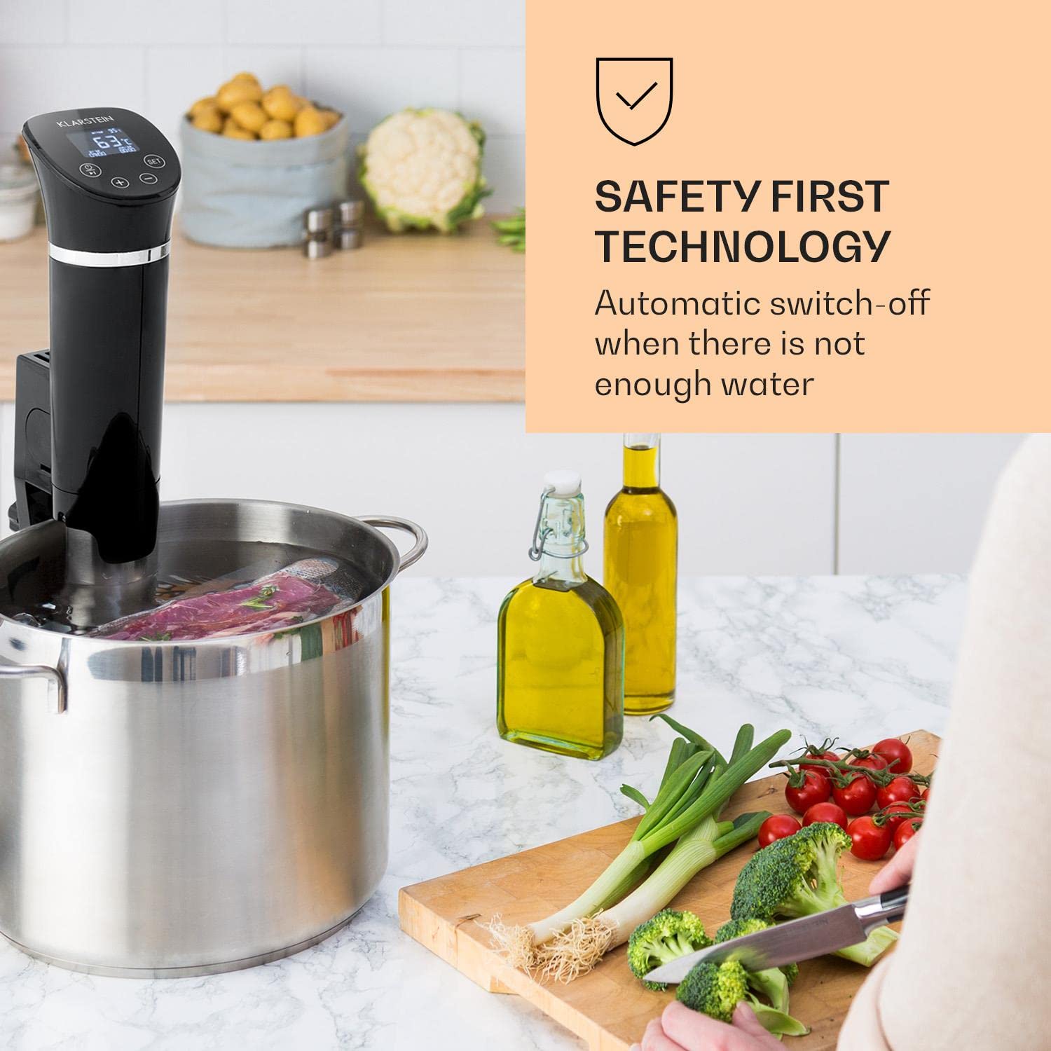 Klarstein Quickstick- Sous-Vide Garer, Präzisionskochtopf, Schongarer, 1300 Watt, Timerfunktion, 3D Circulating, 0-95 °C, LCD Touch-Display, wasserdicht, bis 20 Liter, flex schwarz