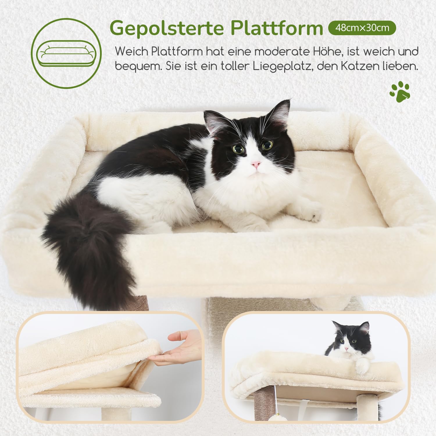 Globlazer Kratzbaum Beige mit Extragroße Hängematte 45 * 40cm, Große Katzenhaus, Gepolsterte Plattform, Leicht Aufzubauender Katzenbaum Innenbereich für Katzen Ausruhen Spielen kratzen F53
