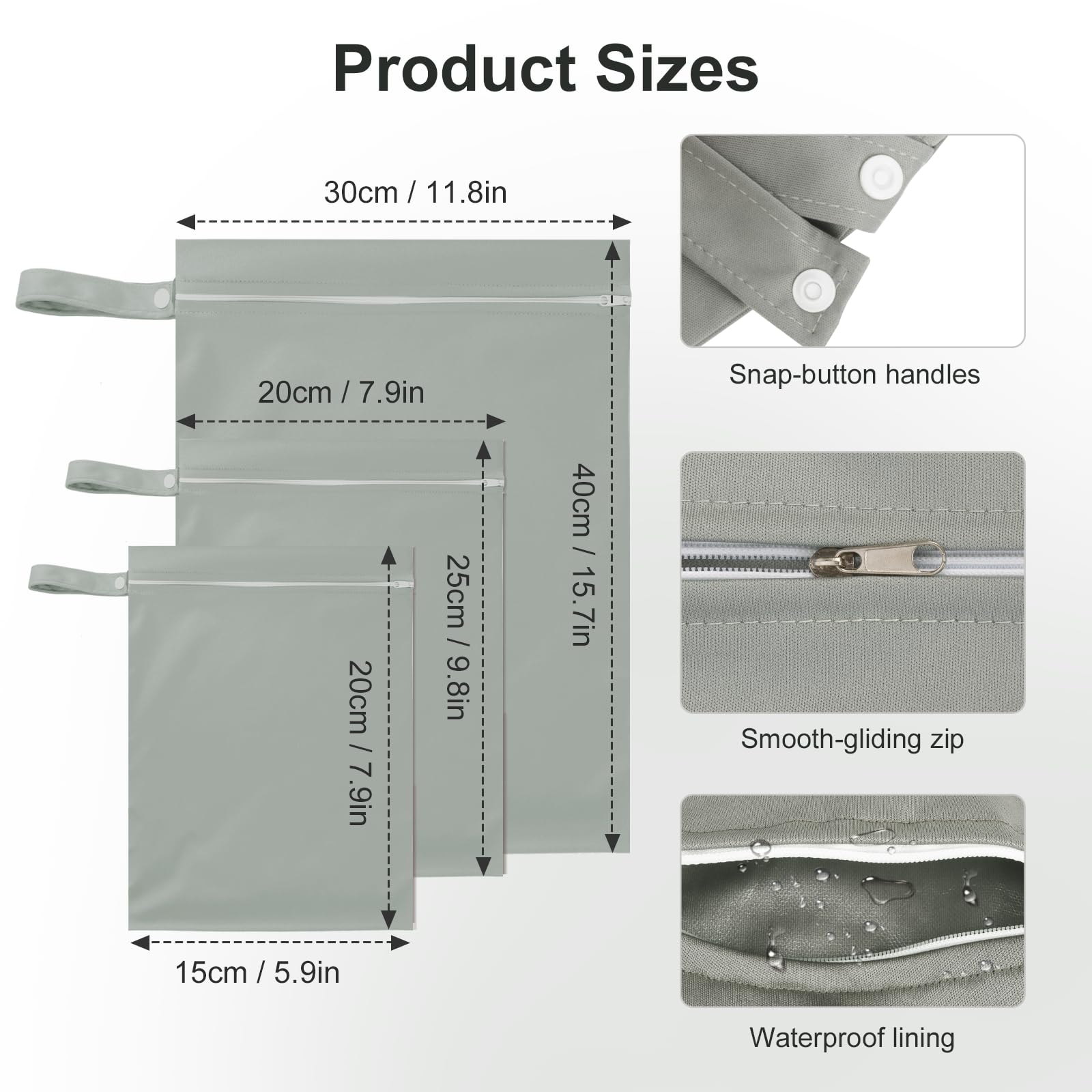 Iridsmole 3 PCS Wet Bags, Travel Laundry Bags, Waterproof Dirty Clothes Bag for Swimming Cloth Nappy Wet Bag with Zipper - Image 2
