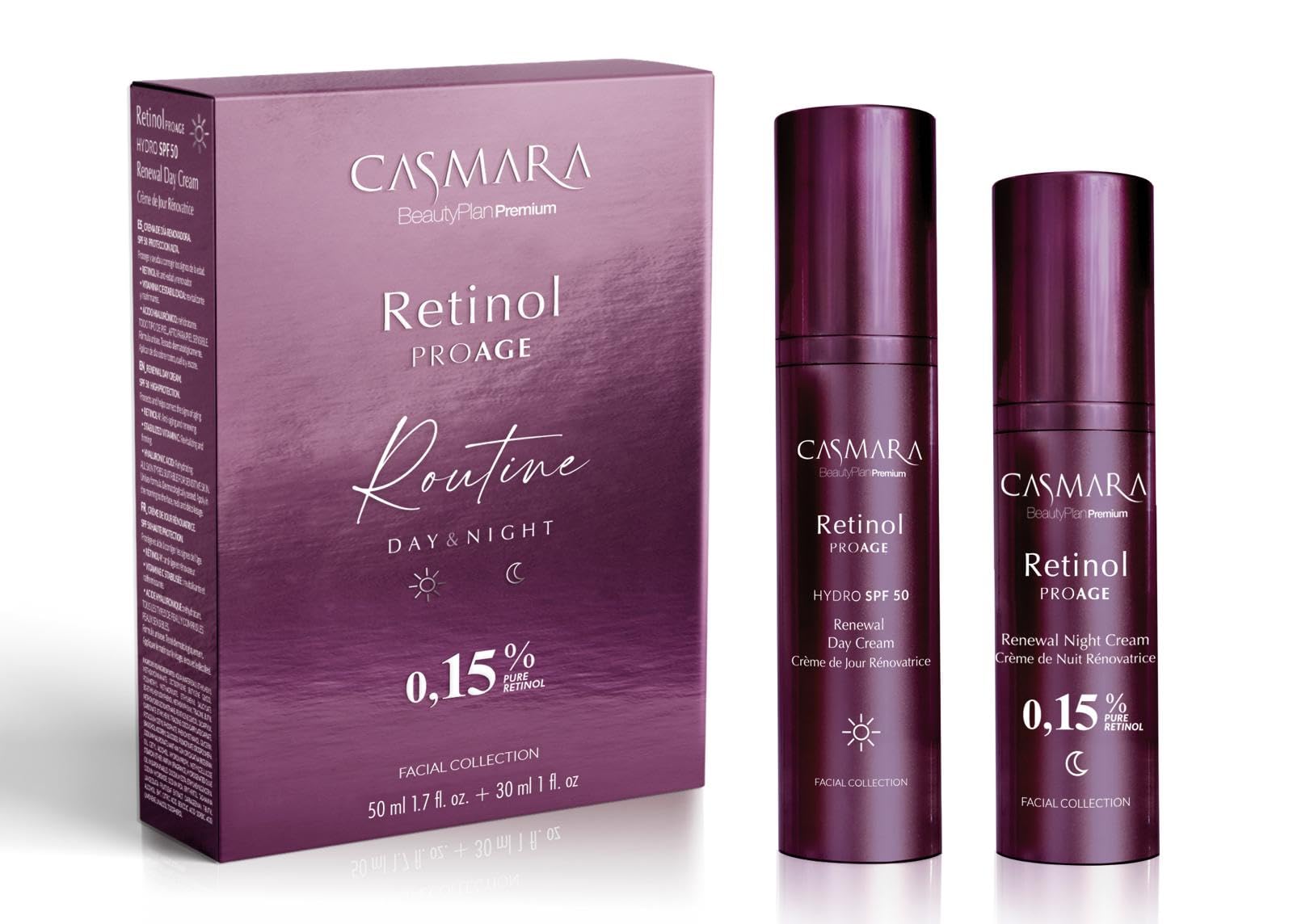 Casmara I Pack Rutina Day & Night 0,15% Retinol Proage Casmara I Crema de día con FPS 50 de 50 ml + Crema de noche con retinol puro del 0,15% de 30 ml I Con Retinol de origen vegetal