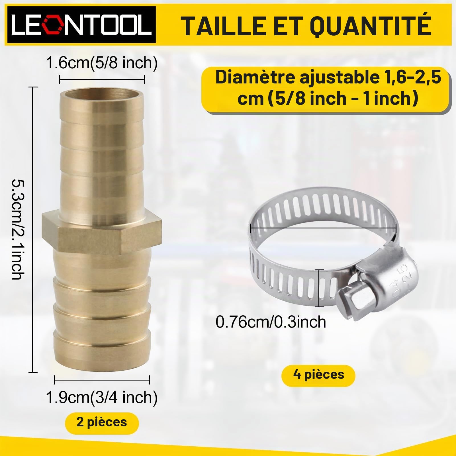 LEONTOOL Paquet de 2 raccords cannelés de tuyau, réducteur de tuyaux cannelés en laiton de 5/8 » à 3/4 » avec 4 colliers de serrage, raccord d’épissure à emboîtement de cannelure réducteur