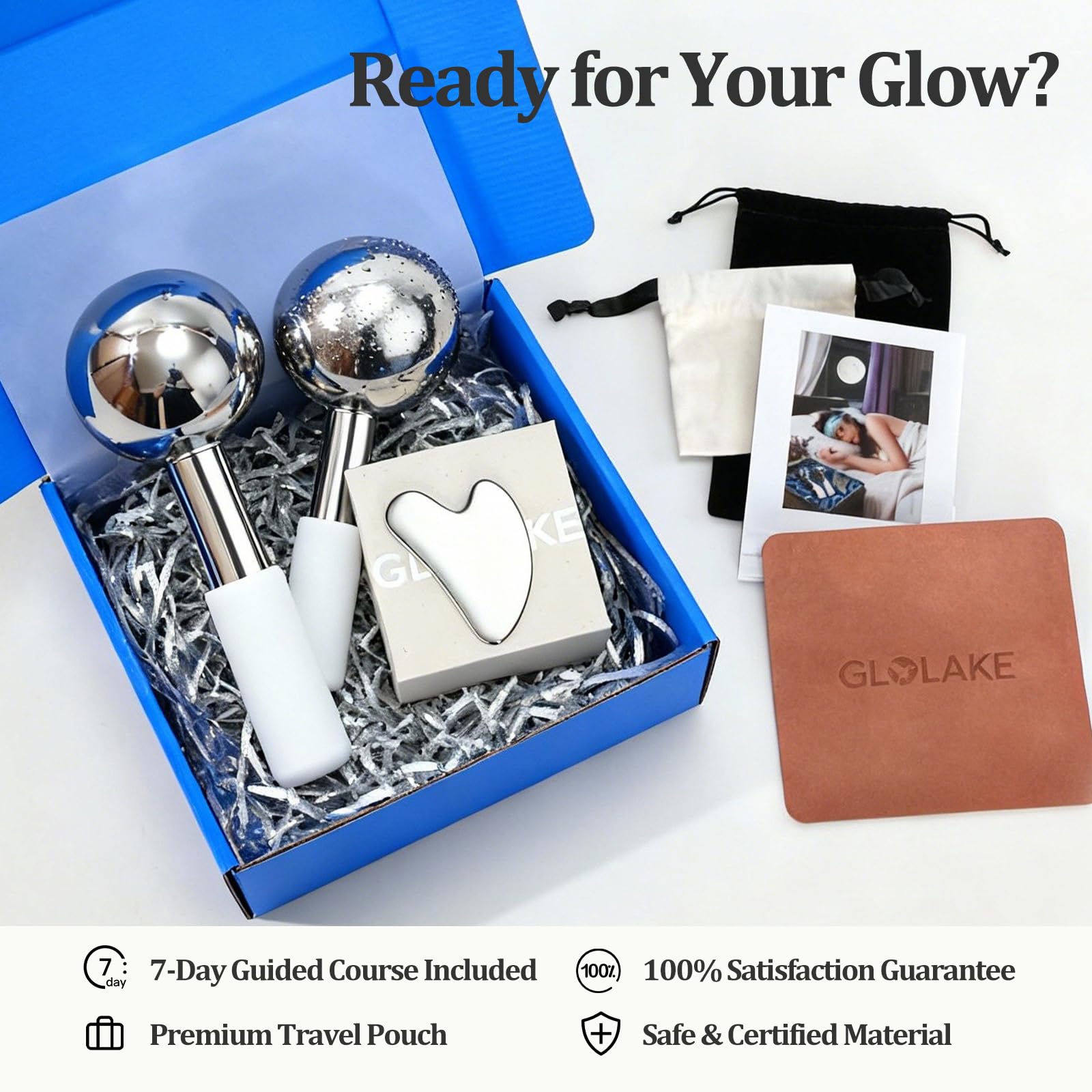 Ice Roller for Face & Eyes, Stainless Steel Ice Globes with Gua Sha Set, 3-Piece Facial Kit for Puffiness, Depuffing and Lymphatic Drainage, Cryo Facial Massage Tools, Neck & Jawline, Home Spa Gift
