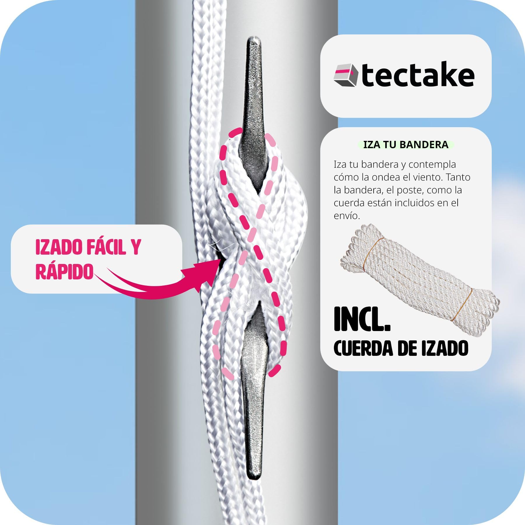 tectake® Mástil Bandera Altura Ajustable, Mástil Aluminio Altura Máx 6,25 m, Asta Bandera con Casquillo para Suelo, Mástil Bandera Exterior con Cuerda de Izado, Montaje Rápido, Incl. Bandera España