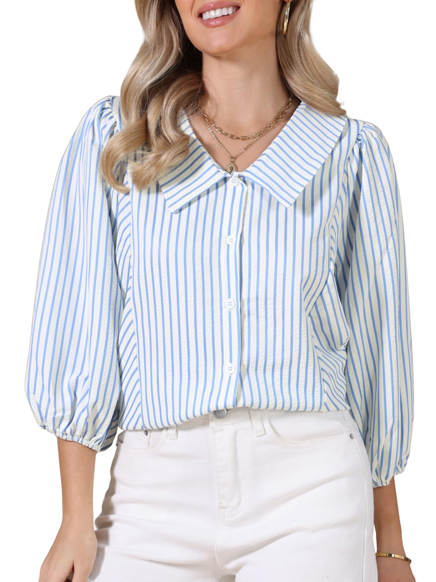 Allegra K Camicia a righe con bottoni, camicetta casual elegante da donna, con maniche arricciate, top babydoll estivo