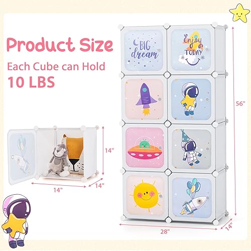 Miniatura 3 de INFANS Armario para niños, armario portátil para bebé, lindo para dormitorio de niños, armario de guardería con puertas, 12 cubos, 2 secciones para